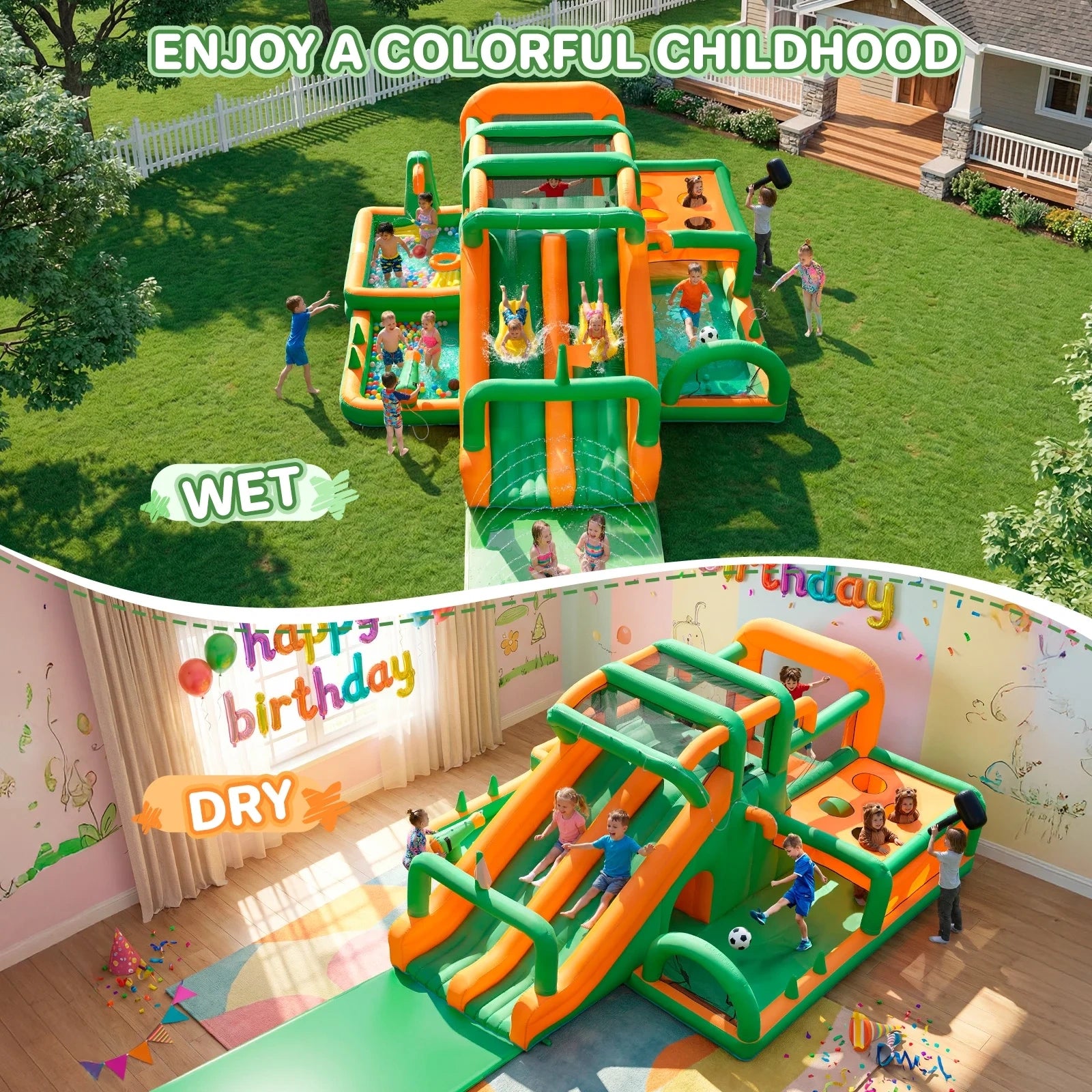 Inflatable Water Slide Bounce House, Extra Large Double Slides Bouncer Castle, 840D+420D Oxford Cloth, Whack-a-Mole, Deep Pool, Jump Area, Climbing Wall, Water Cannon, for Kids Aged 3–10 Backyard
