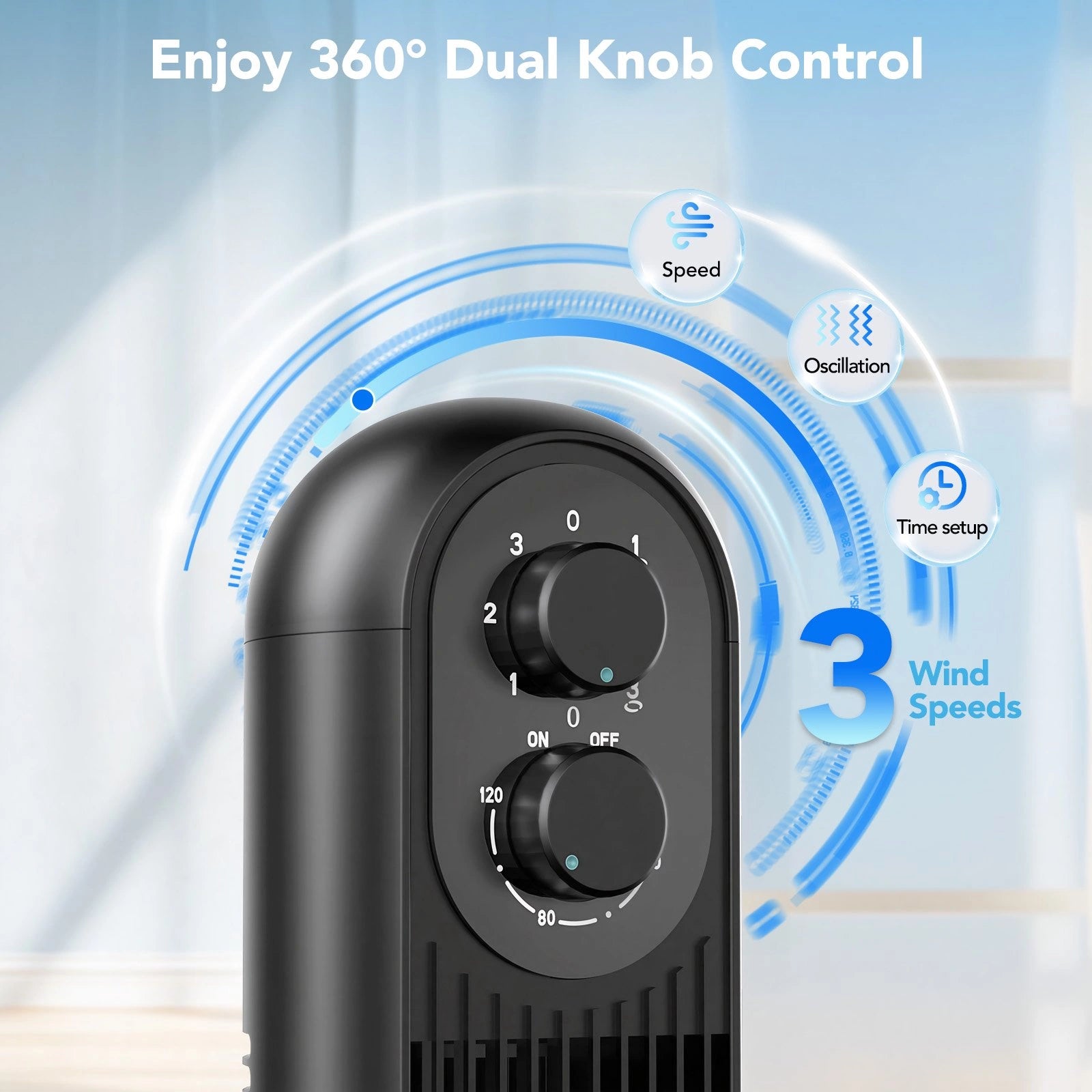 31 Inch Oscillating Tower Fan with 360° Dual Knob Control