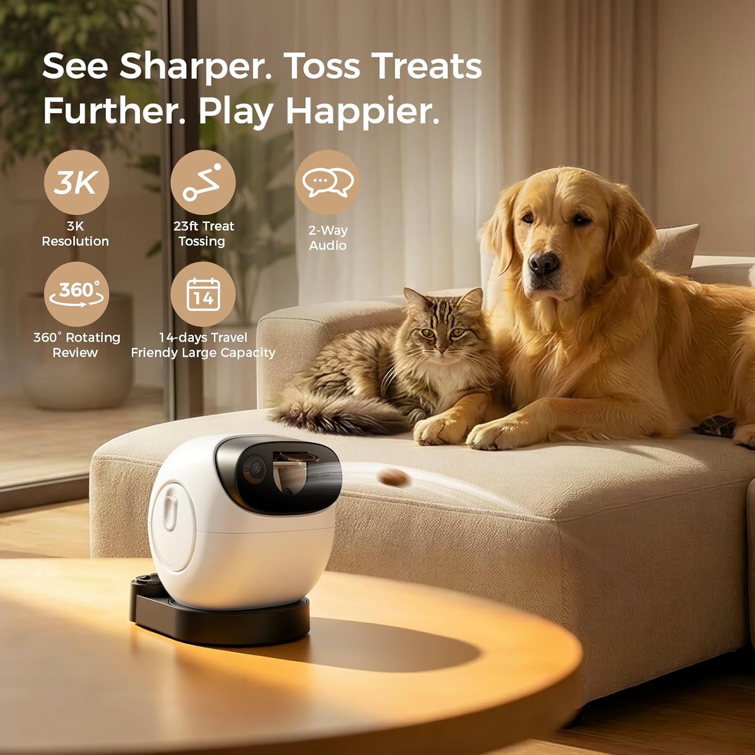 Robot M3 3K Pet Camera Treat Dispenser, Indoor Security Camera with 360° View, 32ft Treat Tossing, Barking Alerts