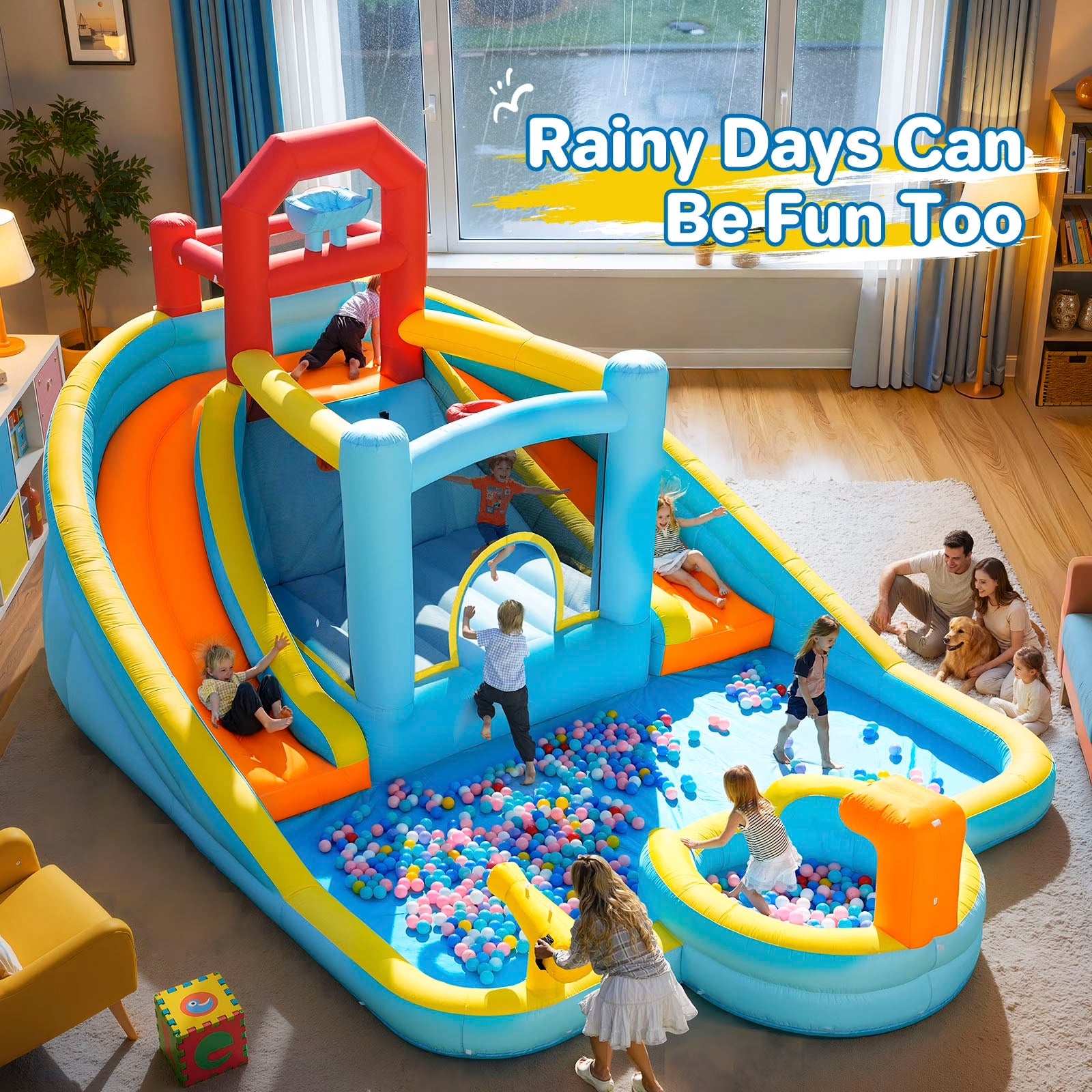 Patbrela 9 in 1 Large Inflatable Water Slide Bounce House ,211" x 104" x 143",With 750w Blower,2 Water Slides, 2 Water Blasters,Double Blow up Splash,Deep Pool,Basketball Hoop,Water Canon