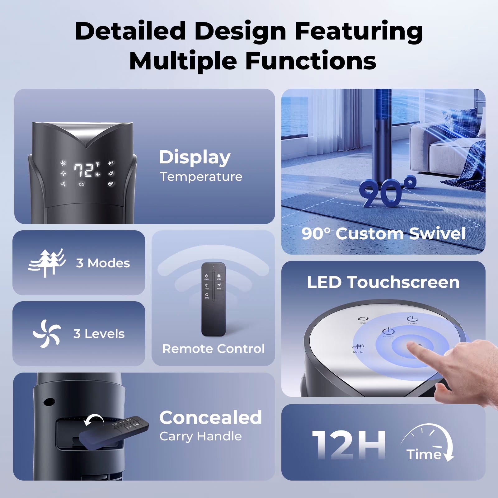 41" Tower Fan, Wide Oscillating Fans with 3 Speeds, 3 Modes, 26 ft/s High Velocity, LED Display with Remote, 12H Timer, for Home,Living Room,Office