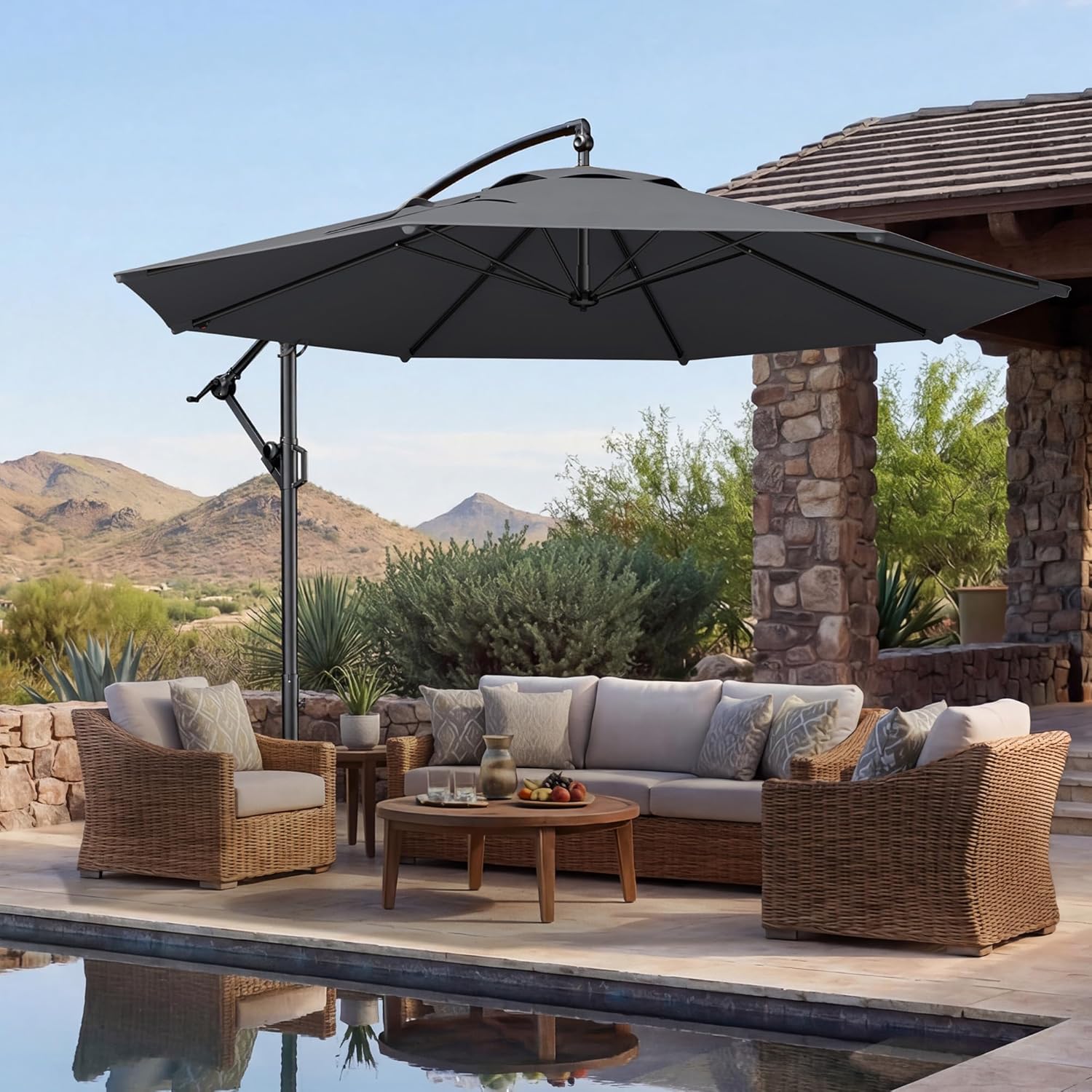 10 Feet Offset Cantilever Patio Umbrella with Base UPF50+ UV , Tilt & Crank System
