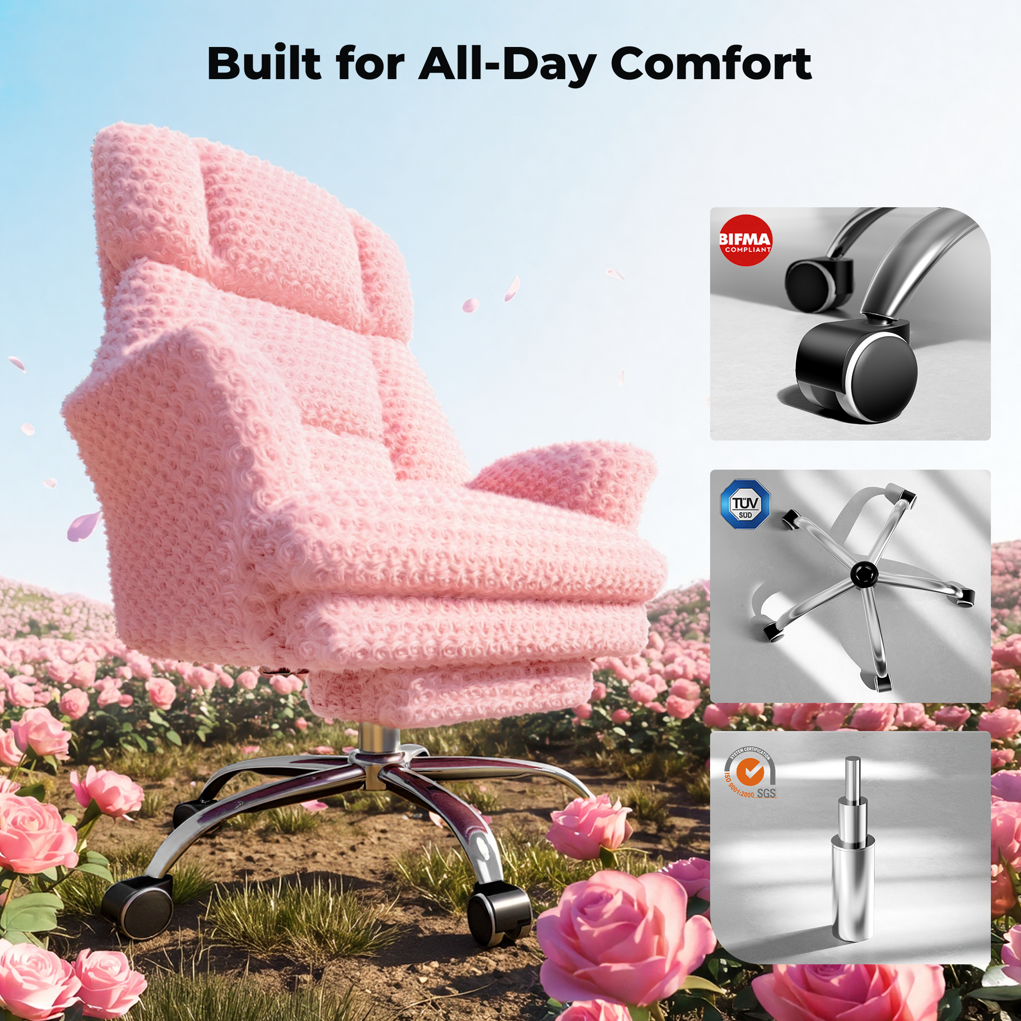 Rose Velvet Office & Vanity Chair with Footrest & Foldable Armrests 400LBS , 135° Reclining Executive Chair,Pink