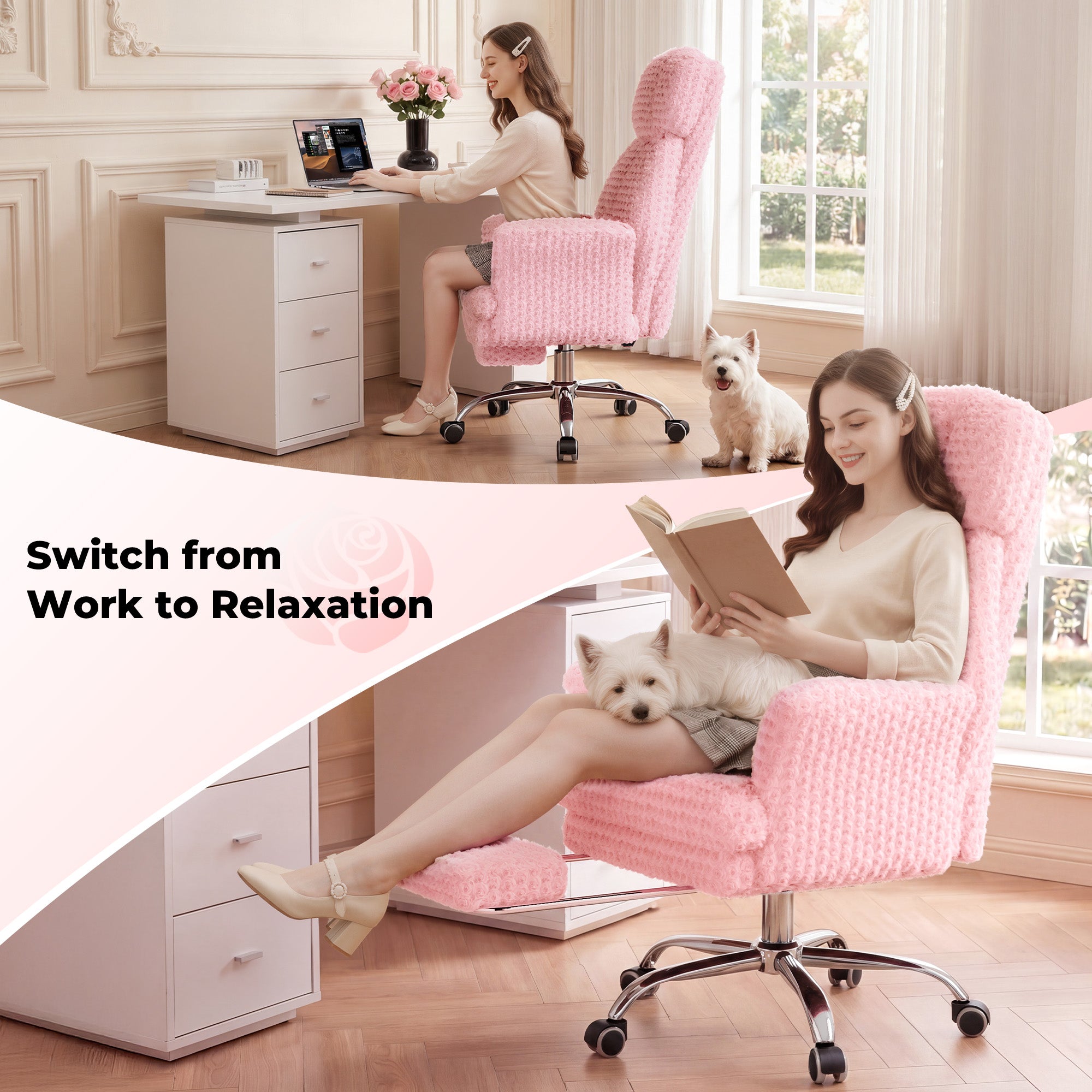Rose Velvet Office & Vanity Chair with Footrest & Foldable Armrests 400LBS , 135° Reclining Executive Chair,Pink