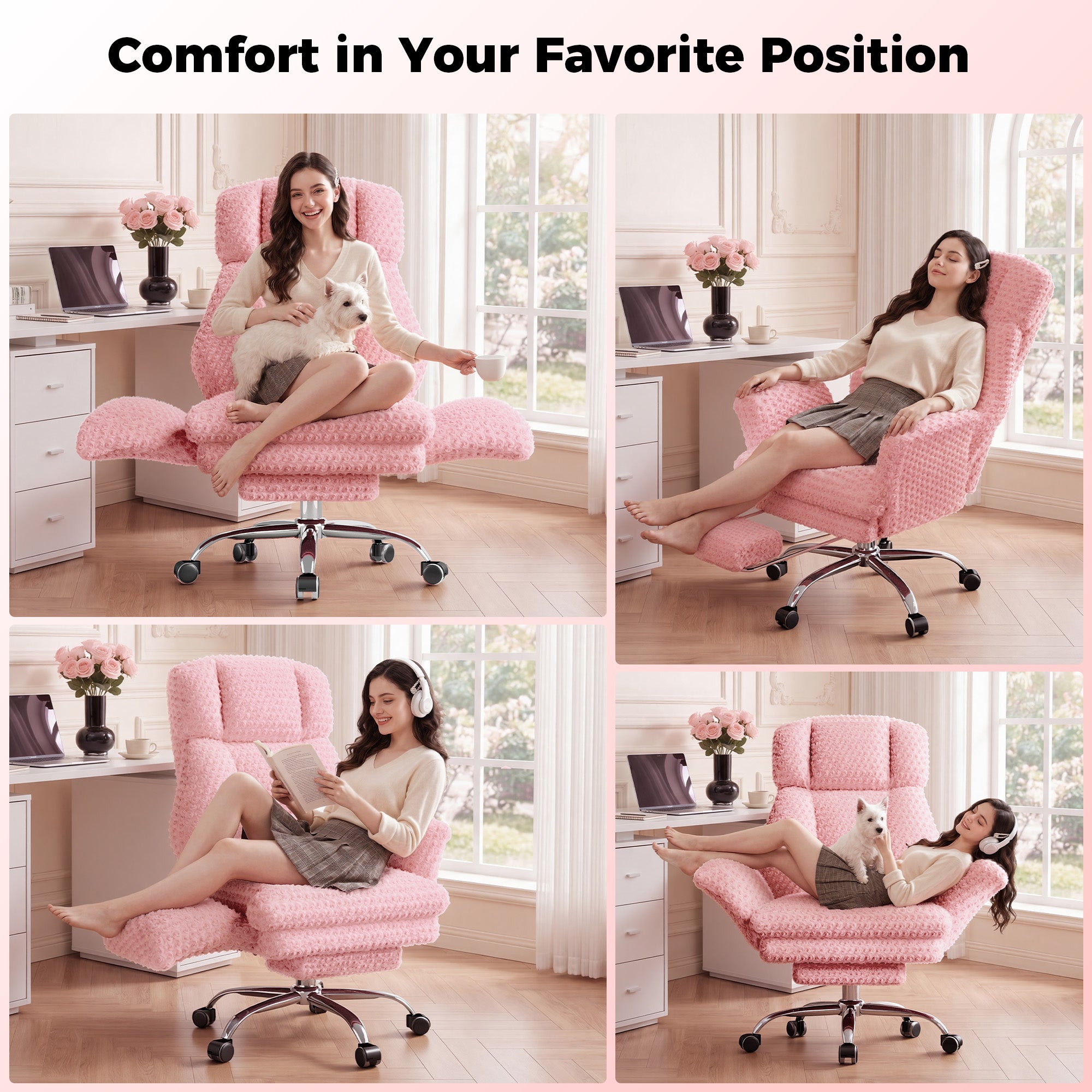 Rose Velvet Office & Vanity Chair with Footrest & Foldable Armrests 400LBS , 135° Reclining Executive Chair,Pink