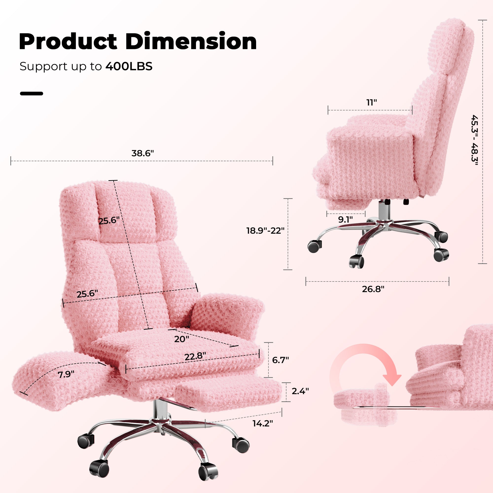 Rose Velvet Office & Vanity Chair with Footrest & Foldable Armrests 400LBS , 135° Reclining Executive Chair,Pink