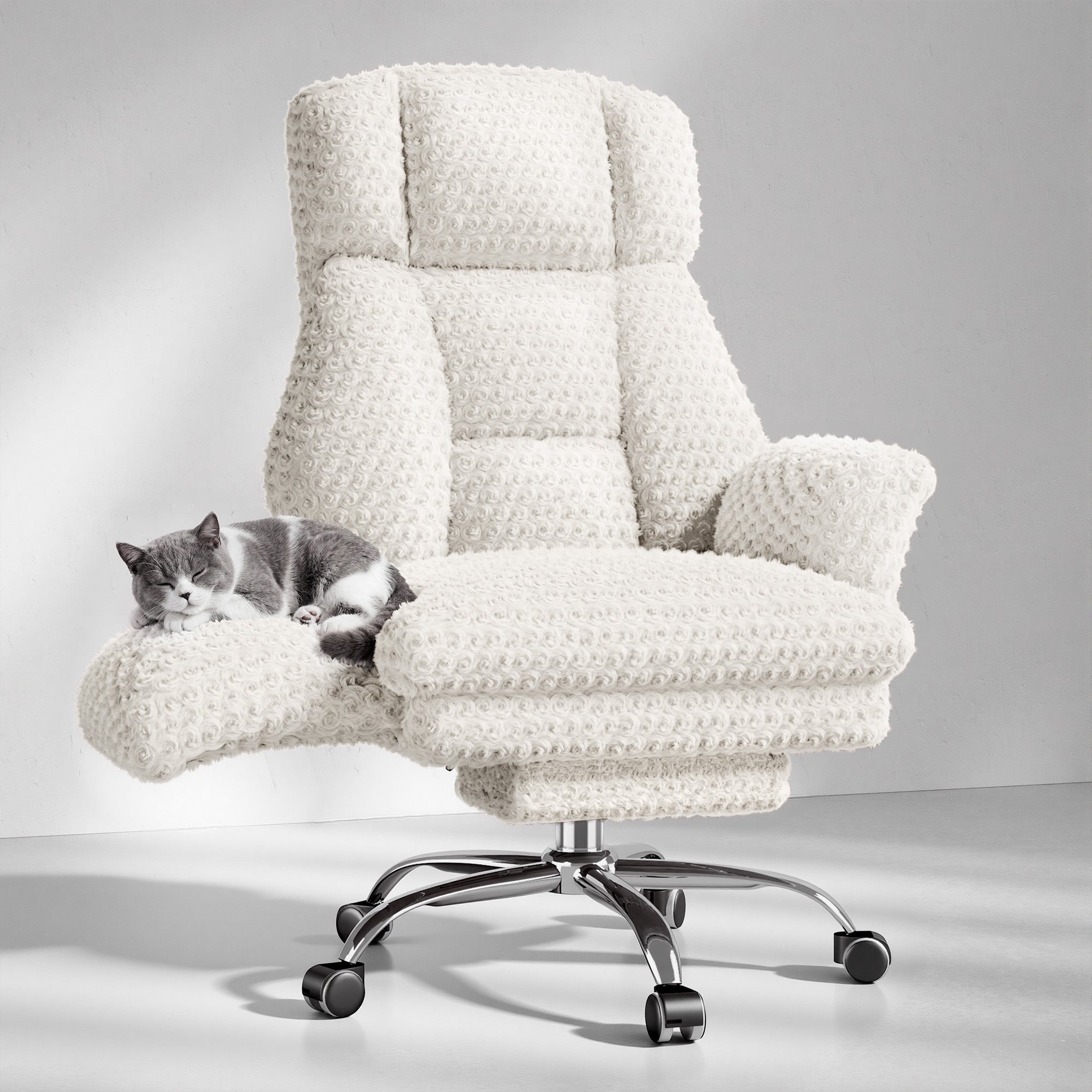 Rose Velvet Office & Vanity Chair with Footrest & Foldable Armrests 400LBS , 135° Reclining Executive Chair,White