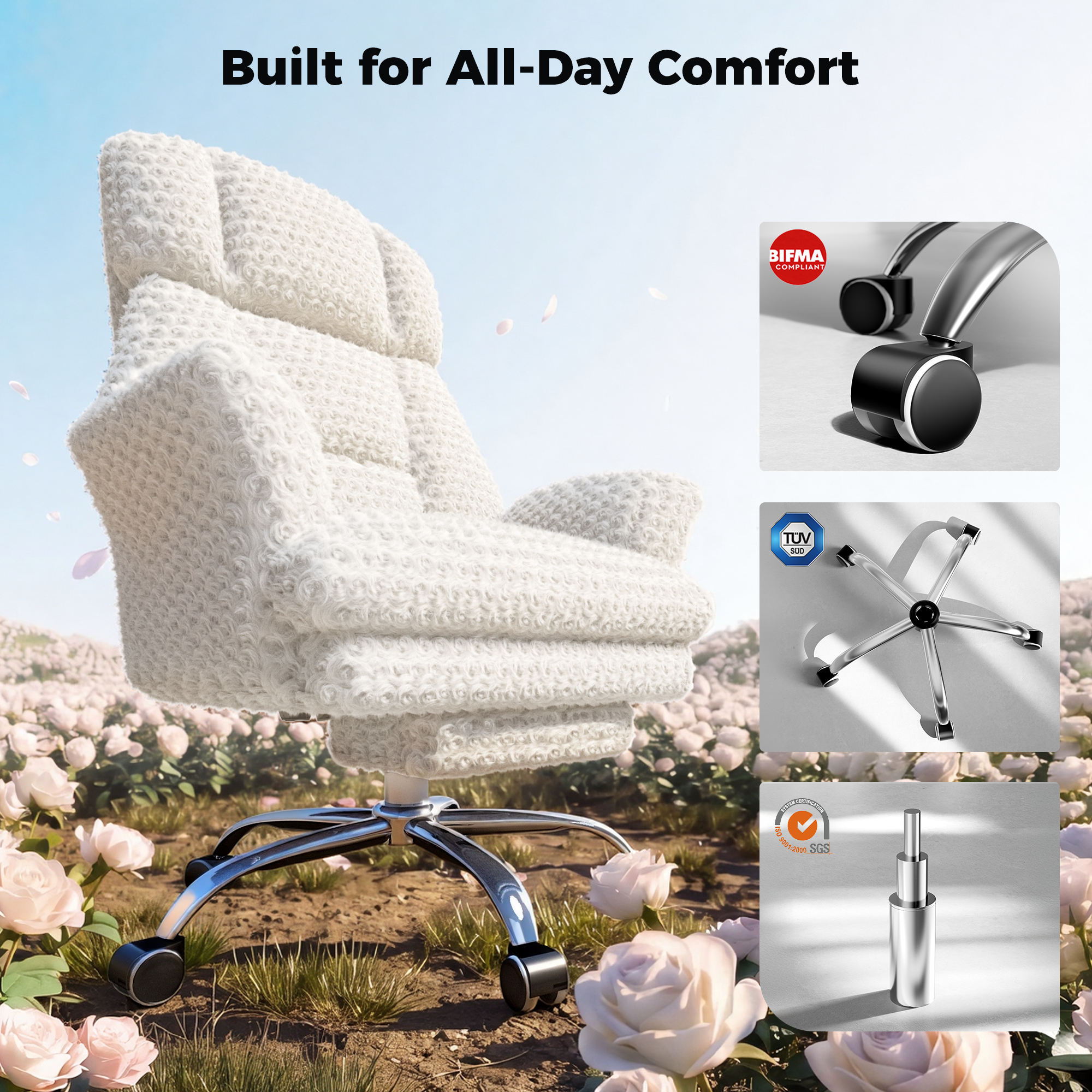 Rose Velvet Office & Vanity Chair with Footrest & Foldable Armrests 400LBS , 135° Reclining Executive Chair,White