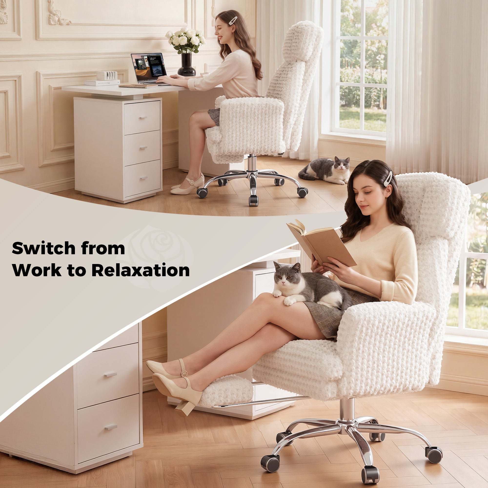 Rose Velvet Office & Vanity Chair with Footrest & Foldable Armrests 400LBS , 135° Reclining Executive Chair,White