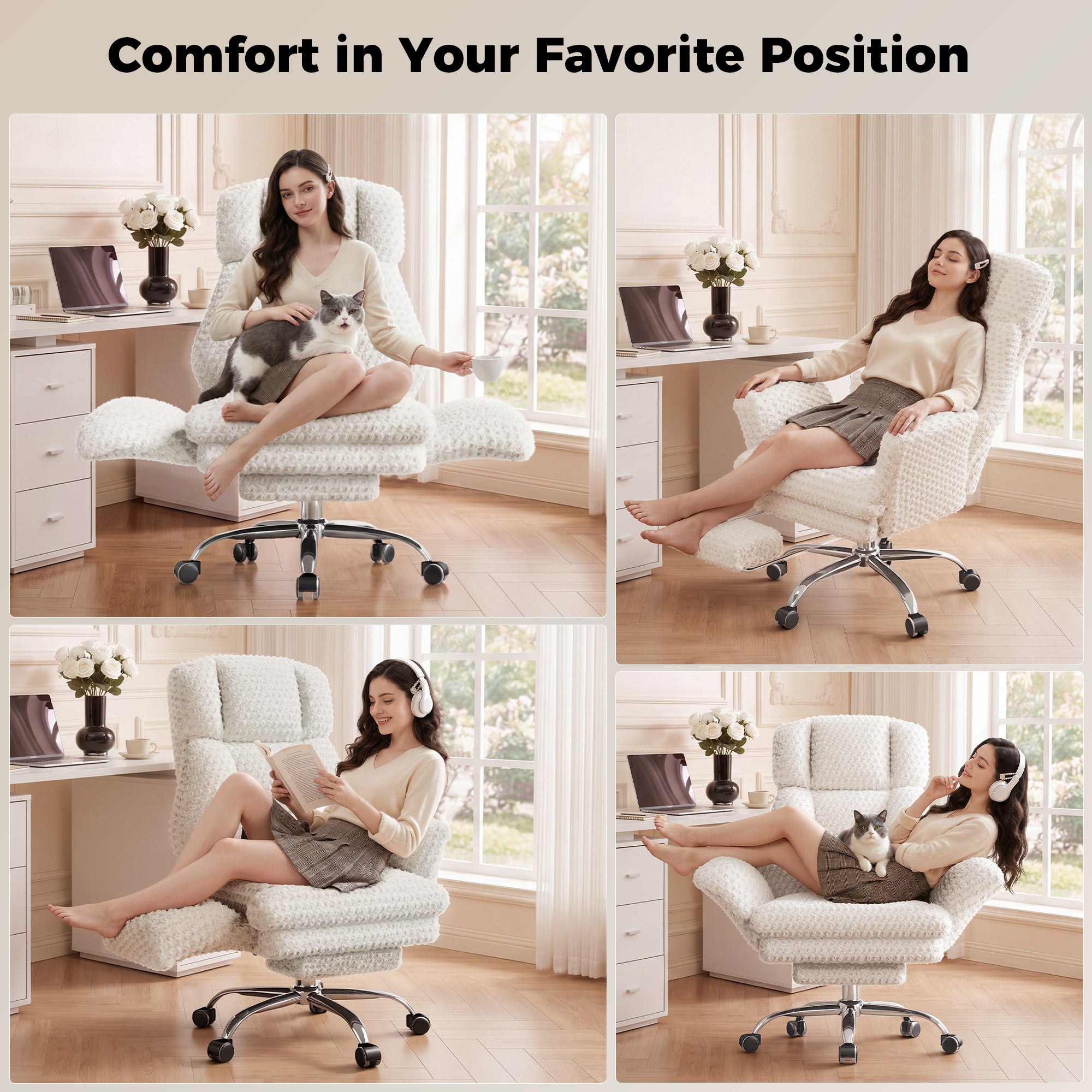 Rose Velvet Office & Vanity Chair with Footrest & Foldable Armrests 400LBS , 135° Reclining Executive Chair,White