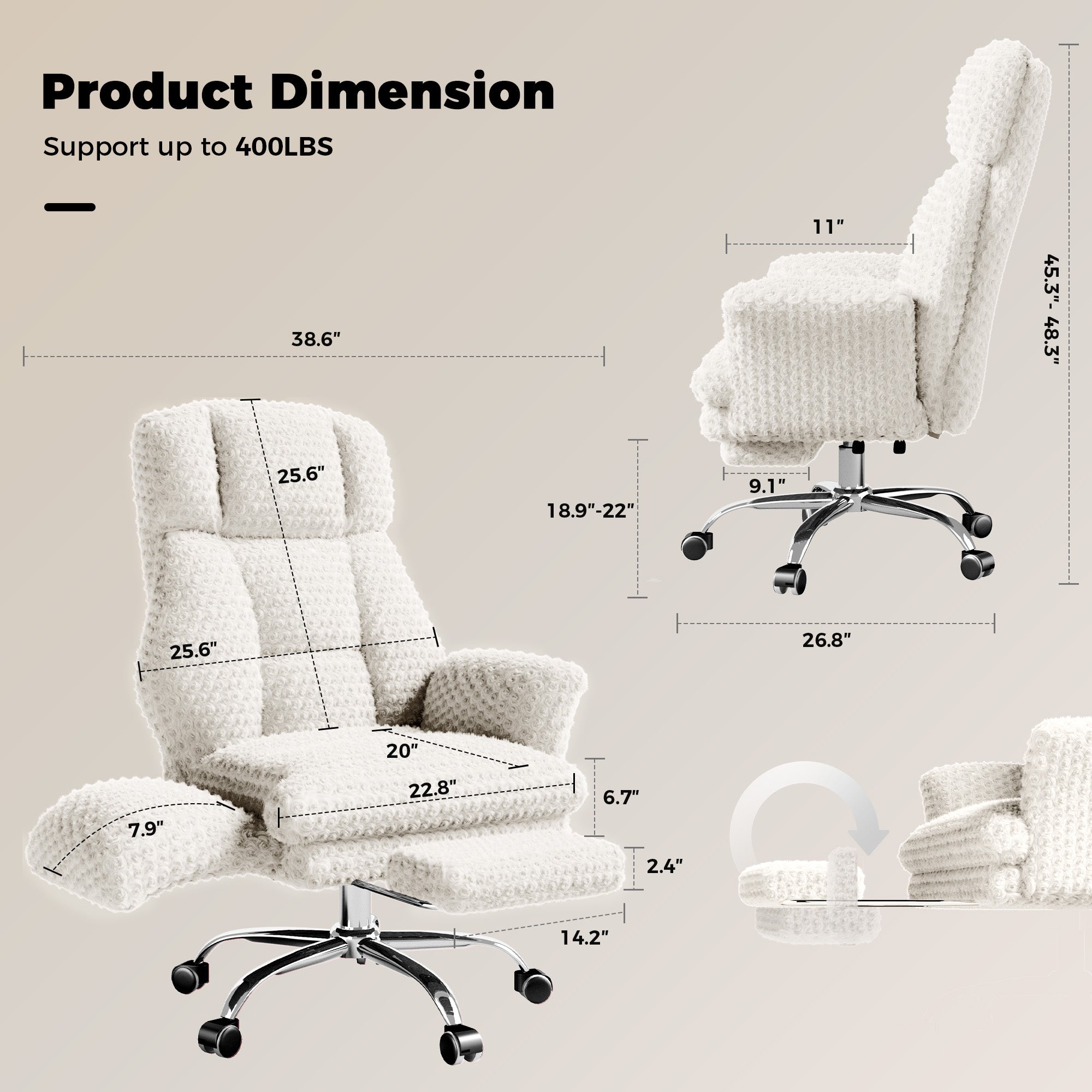 Rose Velvet Office & Vanity Chair with Footrest & Foldable Armrests 400LBS , 135° Reclining Executive Chair,White