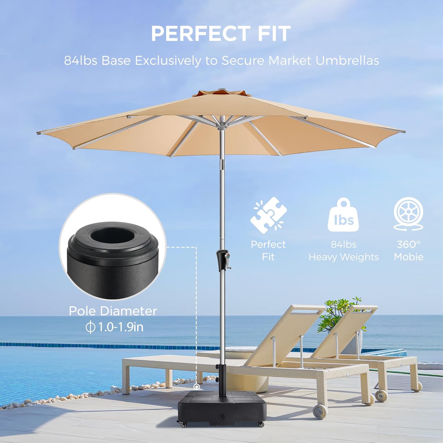 H14 Umbrella Base with Wheels, 84lbs Rolling Mobile Patio Stand