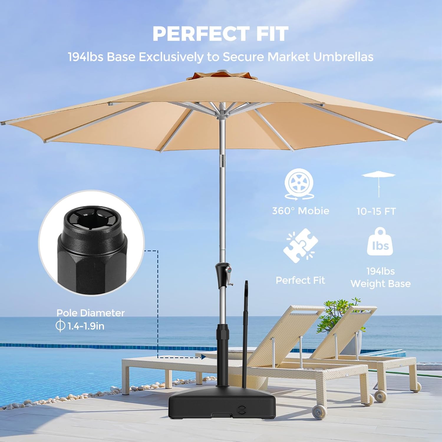 H15 Umbrella Base with Wheels, Retractable-Handle 194lbs Heavy Duty Patio Stand