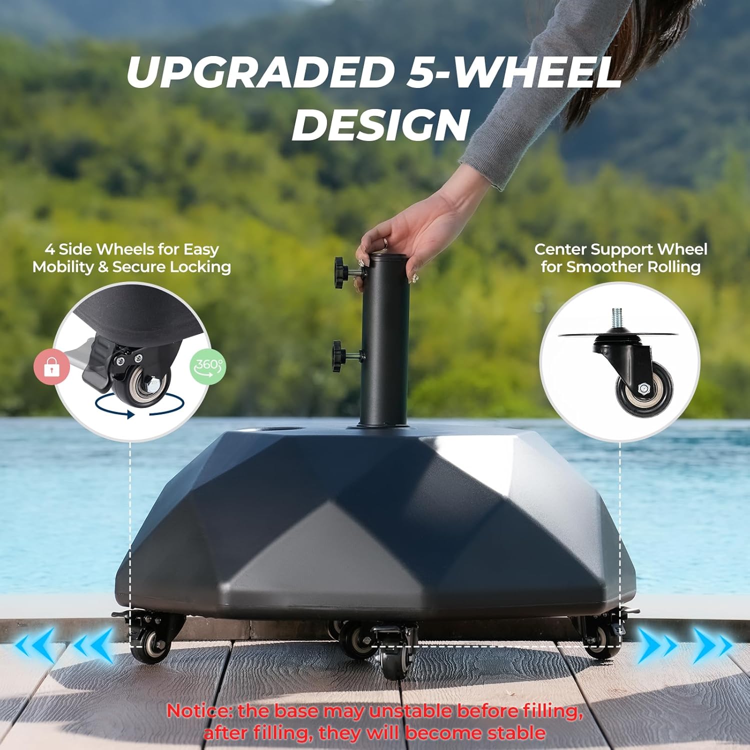 H16 Umbrella Base with Wheels, Unique 5-Wheel 127lbs Heavy Duty Patio Stand