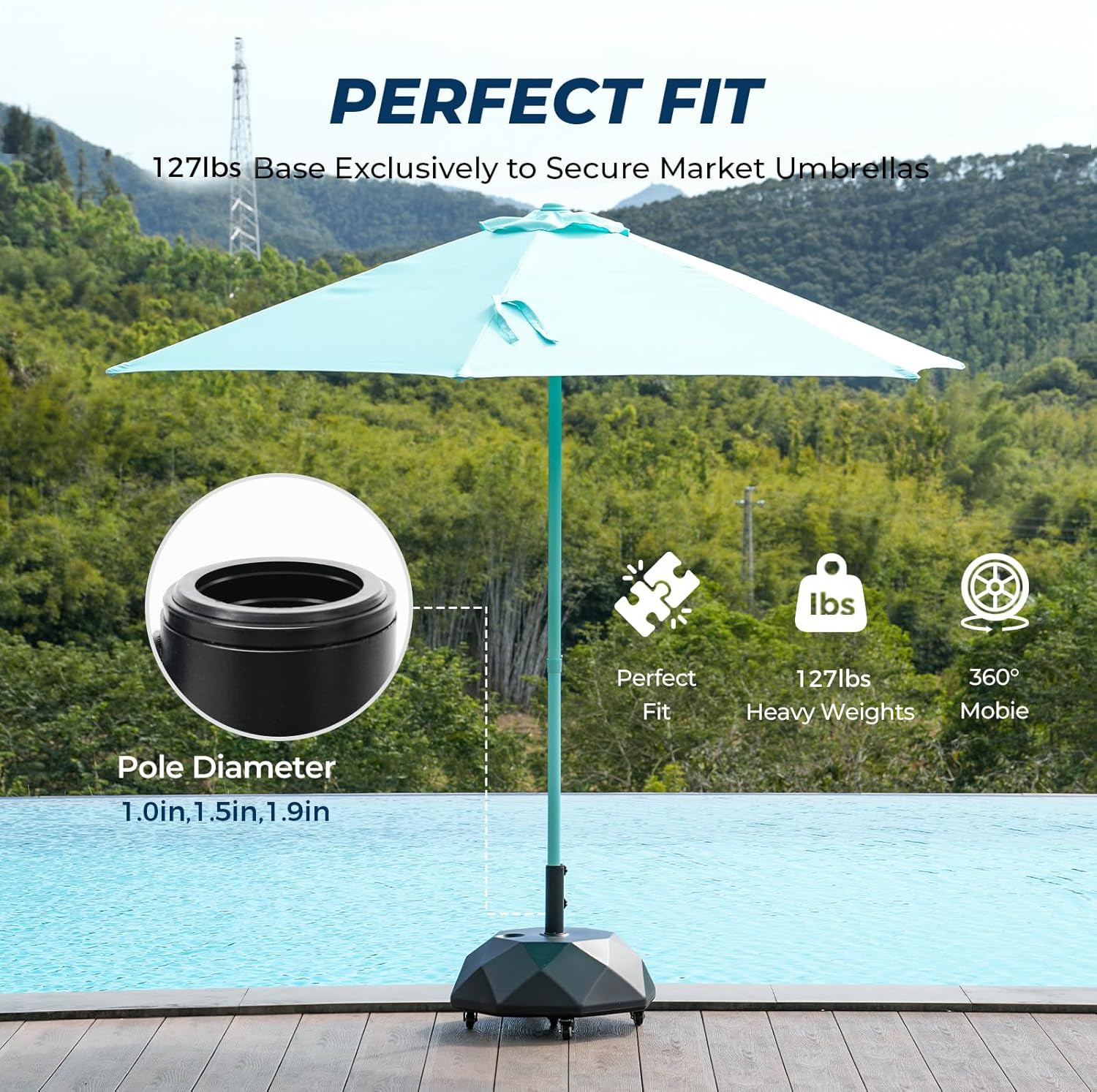 H16 Umbrella Base with Wheels, Unique 5-Wheel 127lbs Heavy Duty Patio Stand
