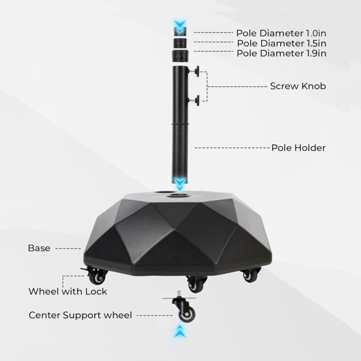 H16 Umbrella Base with Wheels, Unique 5-Wheel 127lbs Heavy Duty Patio Stand