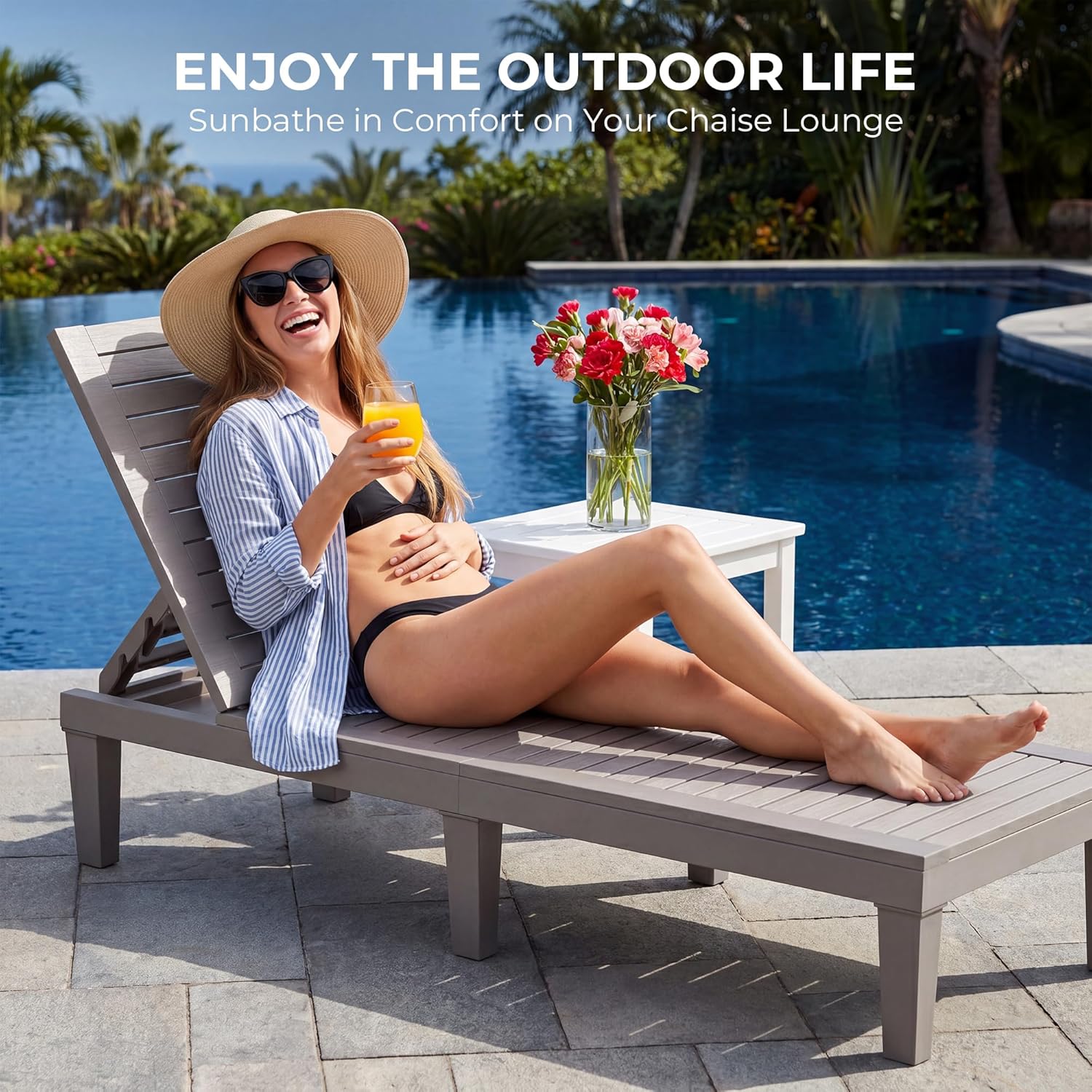 Outdoor Chaise Lounge Chair, 5-Position Adjustable Waterproof Patio, 330 lbs, Grey