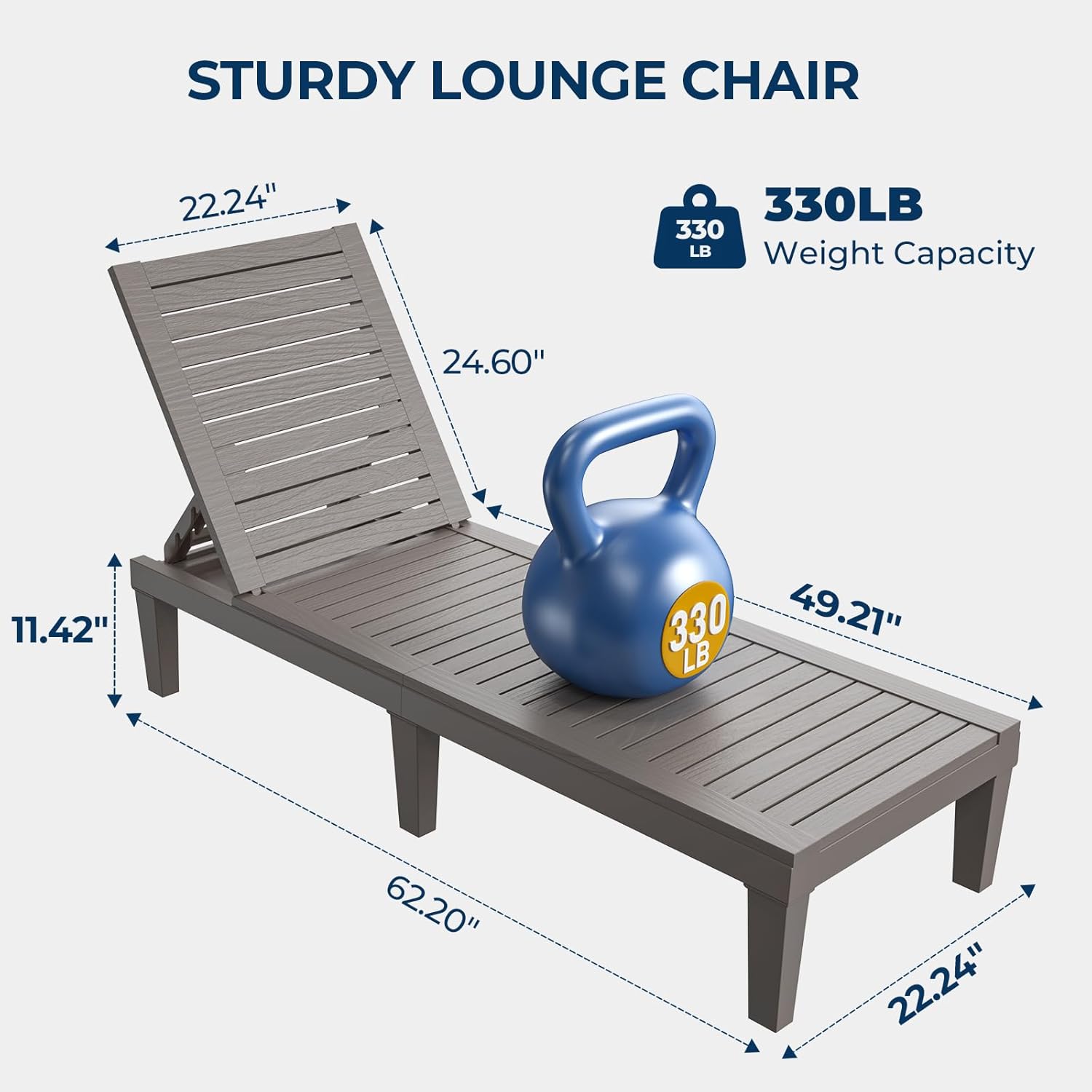 Outdoor Chaise Lounge Chair, 5-Position Adjustable Waterproof Patio, 330 lbs, Grey