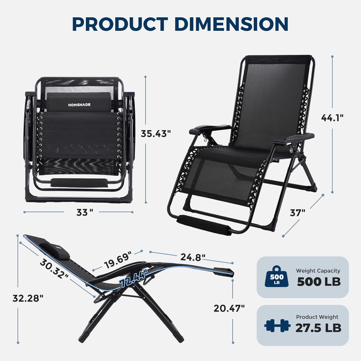 H25 Zero Gravity Chair, 500lbs Oversized Heavy Duty Outdoor Recliner