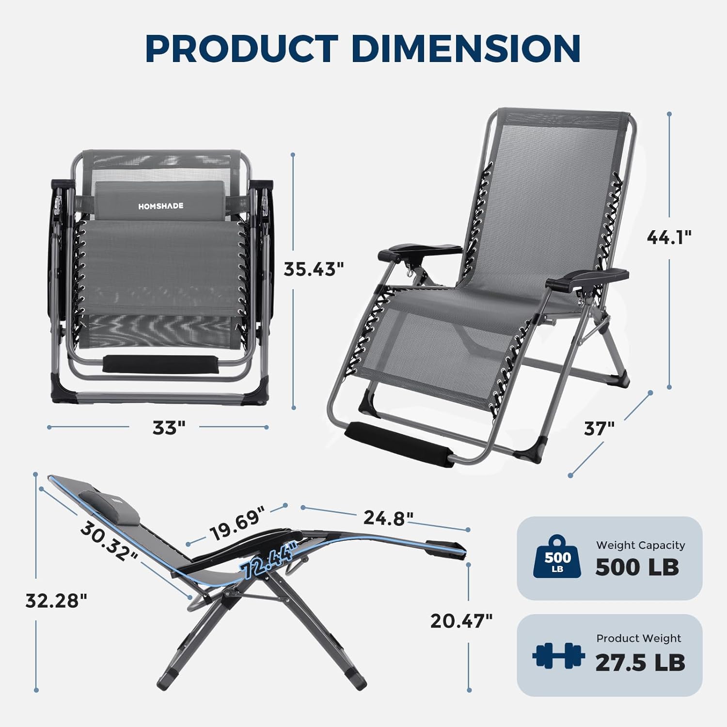H25 Zero Gravity Chair, 500lbs Oversized Heavy Duty Outdoor Recliner