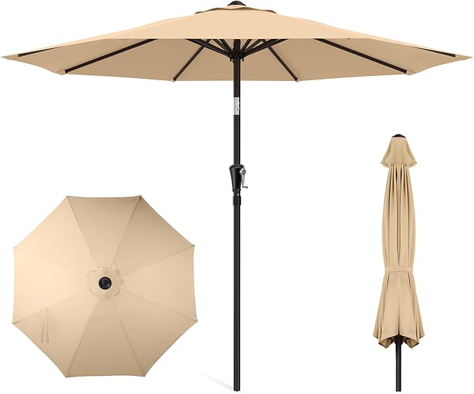 Market Table Umbrella with Crank & Push Button Tilt, UPF50+ UV Protection, 220GSM Fade-Resistant Fabric, No Base