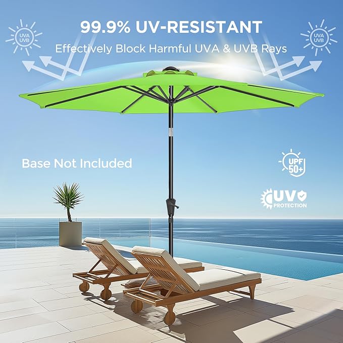 Market Table Umbrella with Crank & Push Button Tilt, UPF50+ UV Protection, 220GSM Fade-Resistant Fabric, No Base