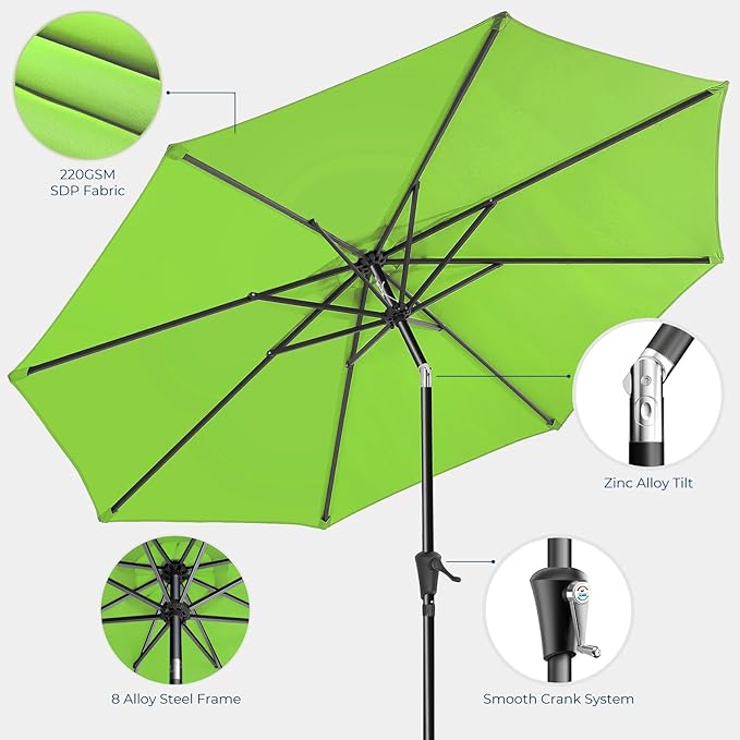 Market Table Umbrella with Crank & Push Button Tilt, UPF50+ UV Protection, 220GSM Fade-Resistant Fabric, No Base