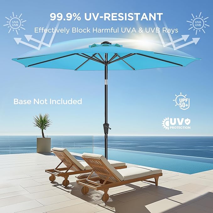 Market Table Umbrella with Crank & Push Button Tilt, UPF50+ UV Protection, 220GSM Fade-Resistant Fabric, No Base