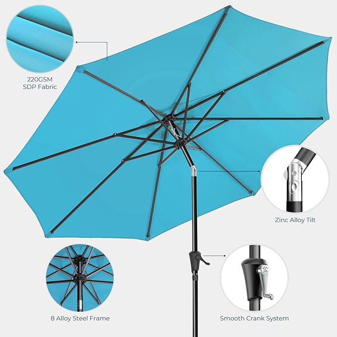 Market Table Umbrella with Crank & Push Button Tilt, UPF50+ UV Protection, 220GSM Fade-Resistant Fabric, No Base