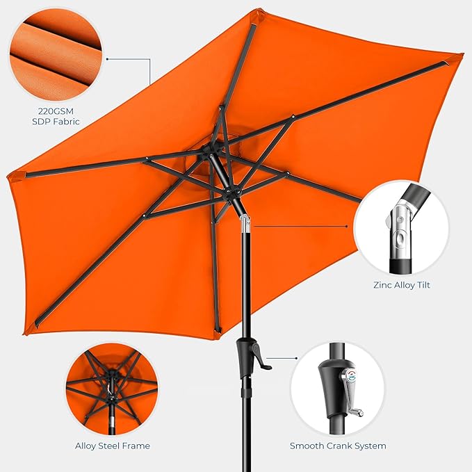 Market Table Umbrella with Crank & Push Button Tilt, UPF50+ UV Protection, 220GSM Fade-Resistant Fabric, No Base