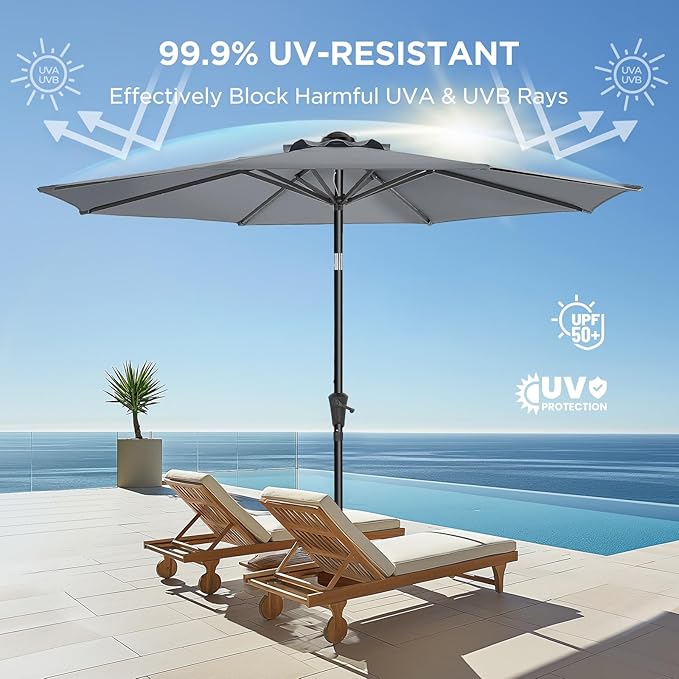 Market Table Umbrella with Crank & Push Button Tilt, UPF50+ UV Protection, 220GSM Fade-Resistant Fabric, No Base