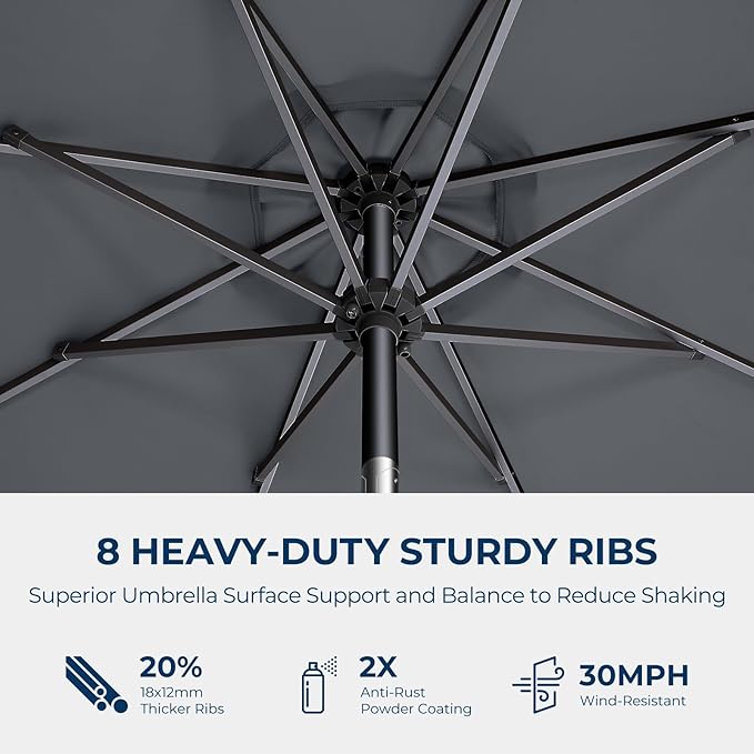 Market Table Umbrella with Crank & Push Button Tilt, UPF50+ UV Protection, 220GSM Fade-Resistant Fabric, No Base