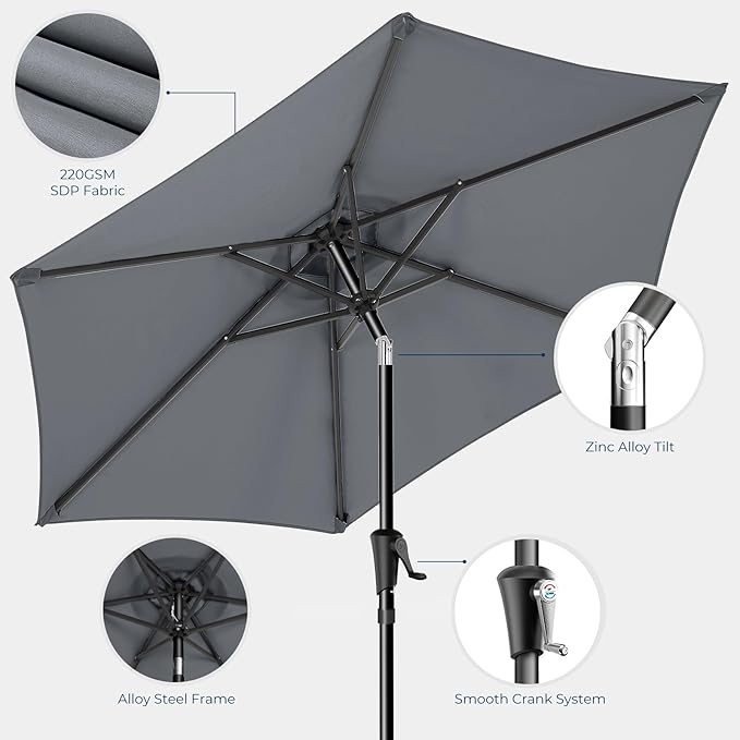 Market Table Umbrella with Crank & Push Button Tilt, UPF50+ UV Protection, 220GSM Fade-Resistant Fabric, No Base