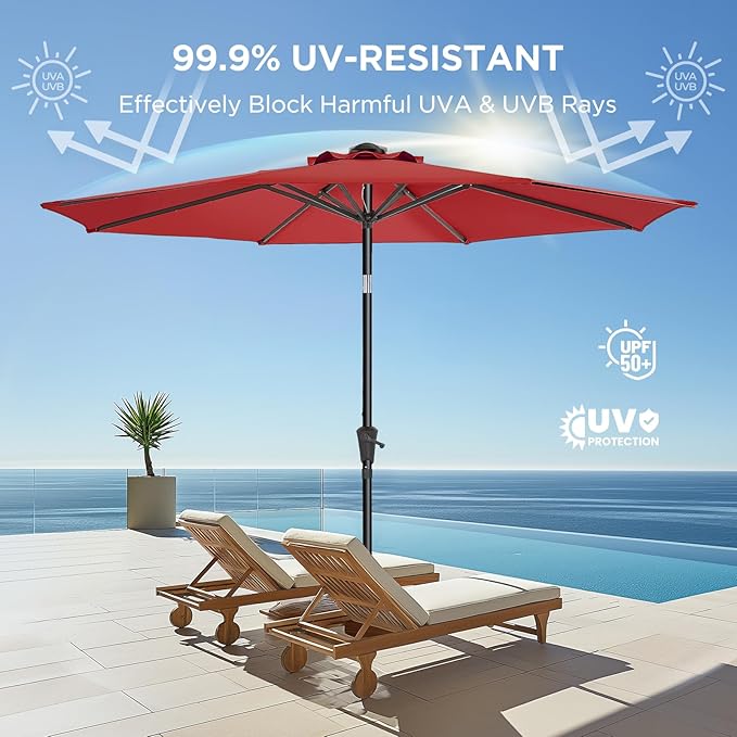 Market Table Umbrella with Crank & Push Button Tilt, UPF50+ UV Protection, 220GSM Fade-Resistant Fabric, No Base