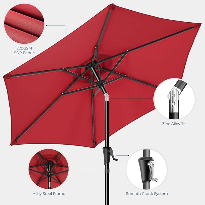 Market Table Umbrella with Crank & Push Button Tilt, UPF50+ UV Protection, 220GSM Fade-Resistant Fabric, No Base