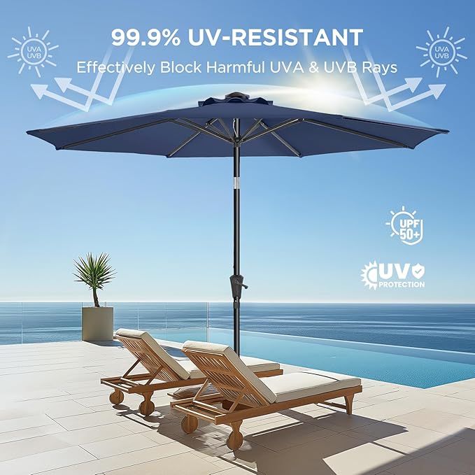 Market Table Umbrella with Crank & Push Button Tilt, UPF50+ UV Protection, 220GSM Fade-Resistant Fabric, No Base