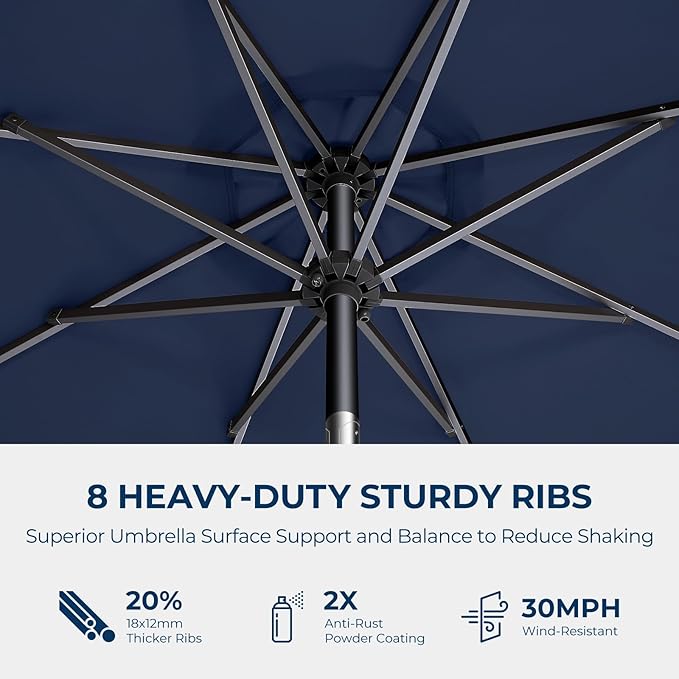 Market Table Umbrella with Crank & Push Button Tilt, UPF50+ UV Protection, 220GSM Fade-Resistant Fabric, No Base