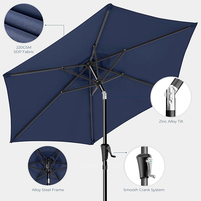 Market Table Umbrella with Crank & Push Button Tilt, UPF50+ UV Protection, 220GSM Fade-Resistant Fabric, No Base