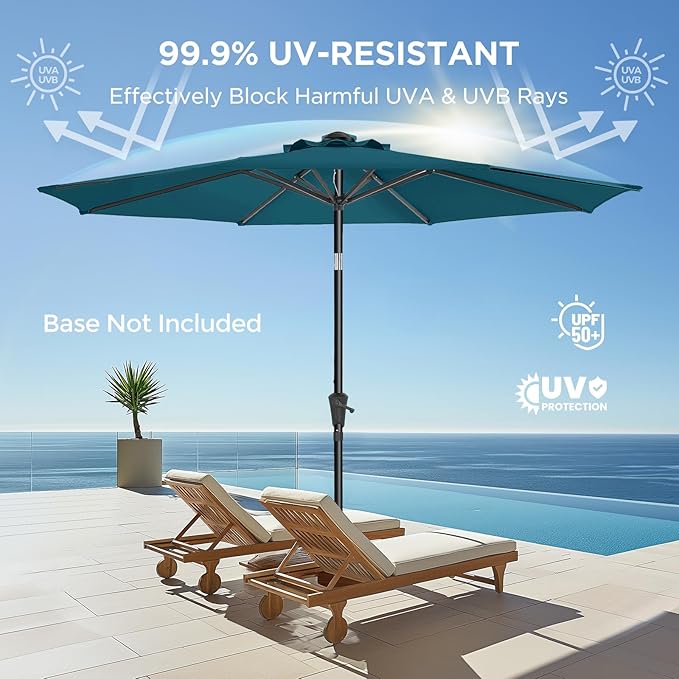 Market Table Umbrella with Crank & Push Button Tilt, UPF50+ UV Protection, 220GSM Fade-Resistant Fabric, No Base