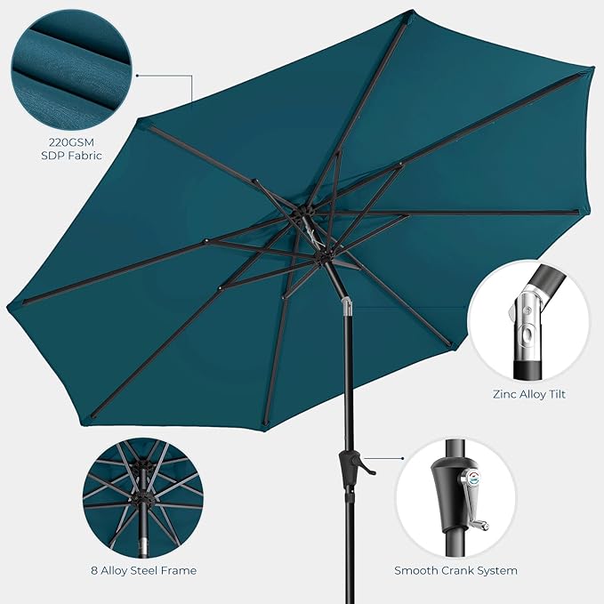 Market Table Umbrella with Crank & Push Button Tilt, UPF50+ UV Protection, 220GSM Fade-Resistant Fabric, No Base