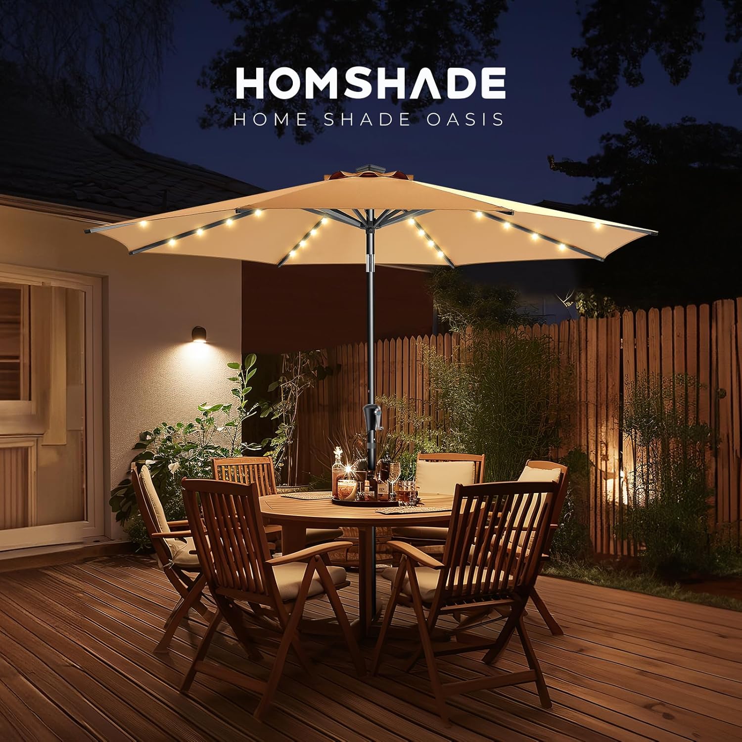 9 Feet Solar Patio Umbrella  LED Lighted Market Table Umbrella with Crank & Push Button Tilt