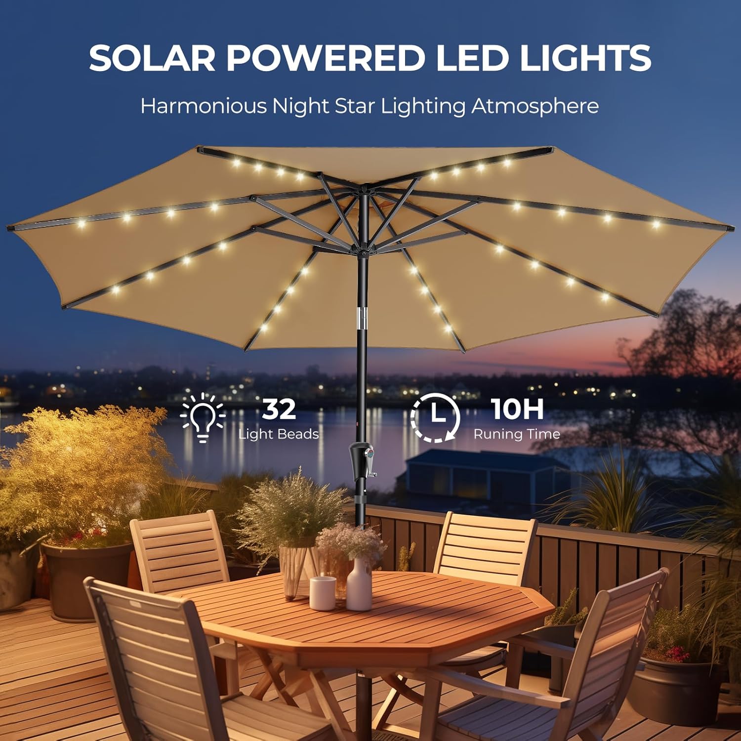 9 Feet Solar Patio Umbrella  LED Lighted Market Table Umbrella with Crank & Push Button Tilt