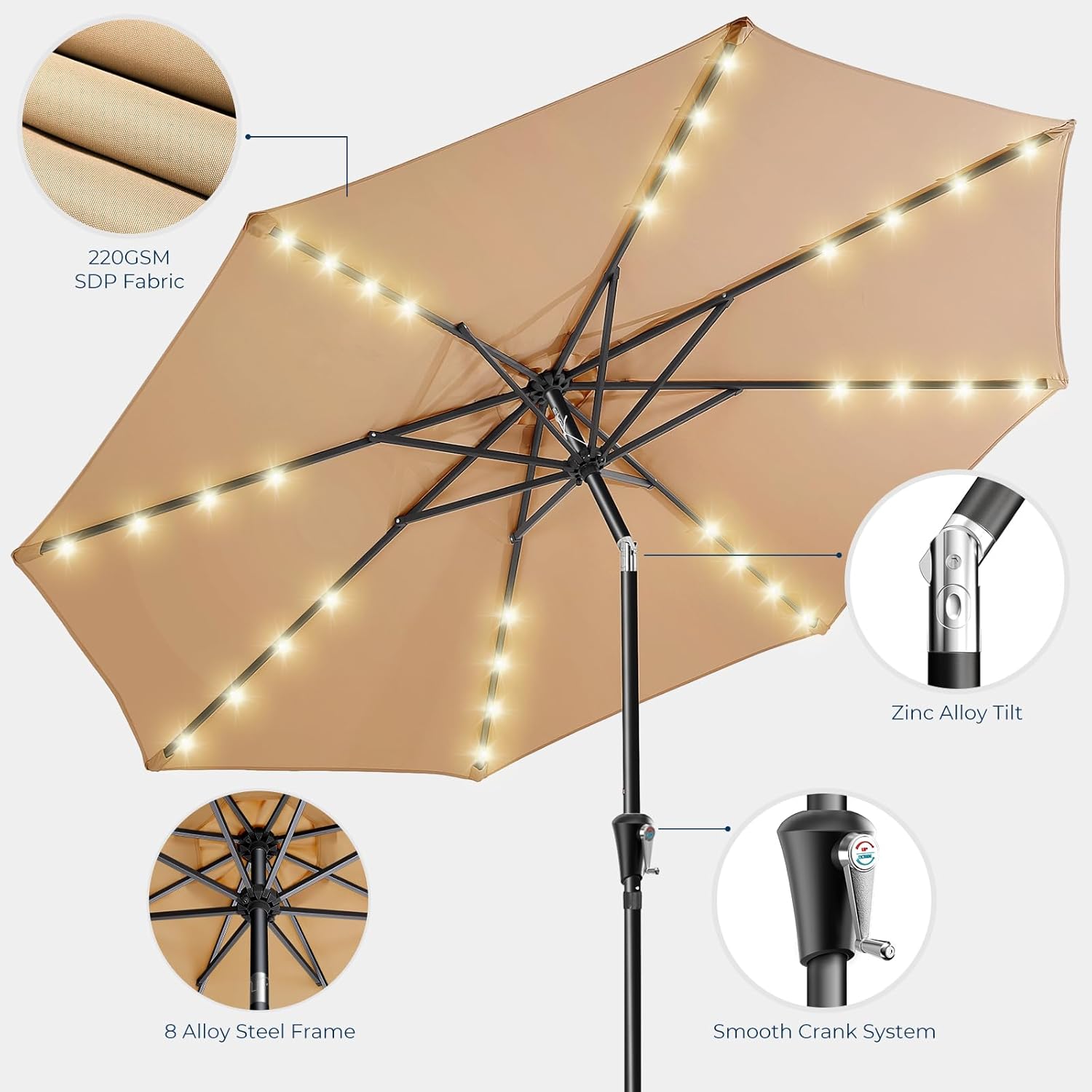 9 Feet Solar Patio Umbrella  LED Lighted Market Table Umbrella with Crank & Push Button Tilt