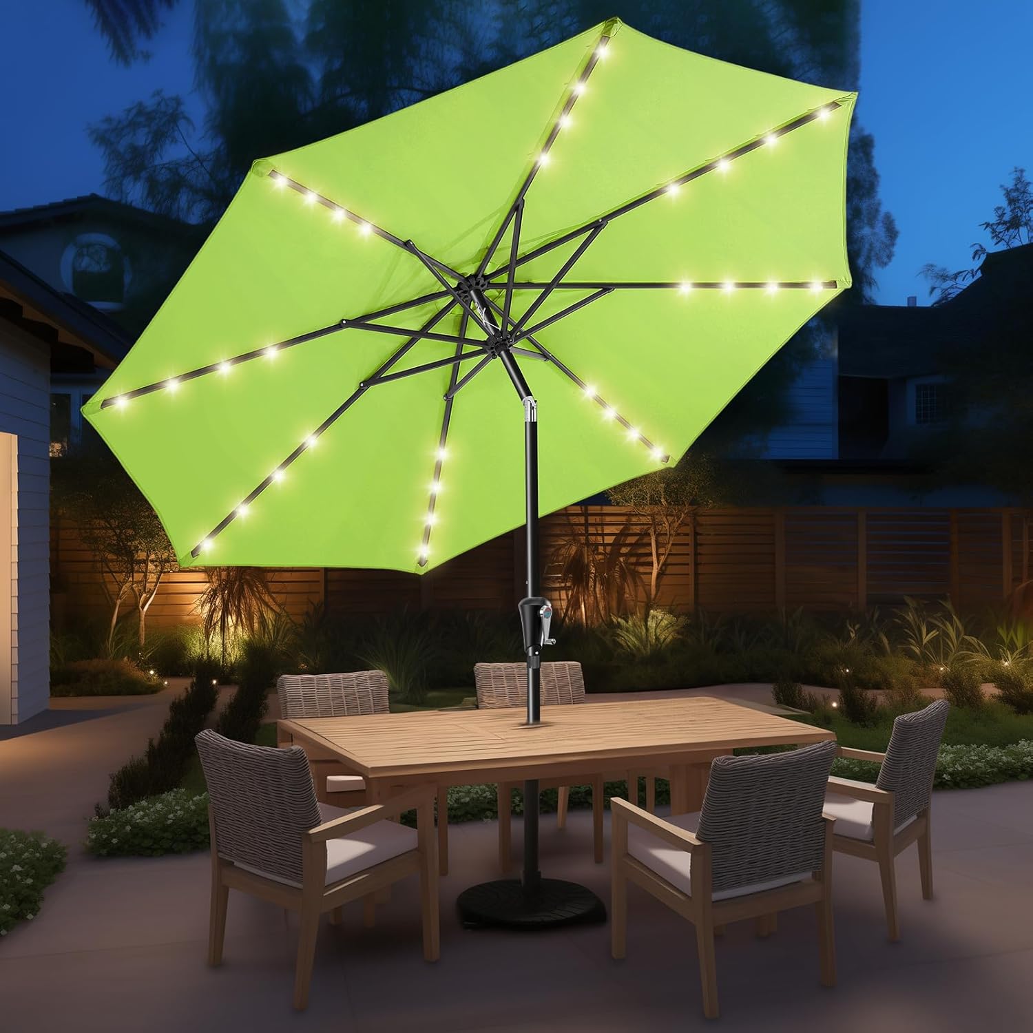 9 Feet Solar Patio Umbrella  LED Lighted Market Table Umbrella with Crank & Push Button Tilt