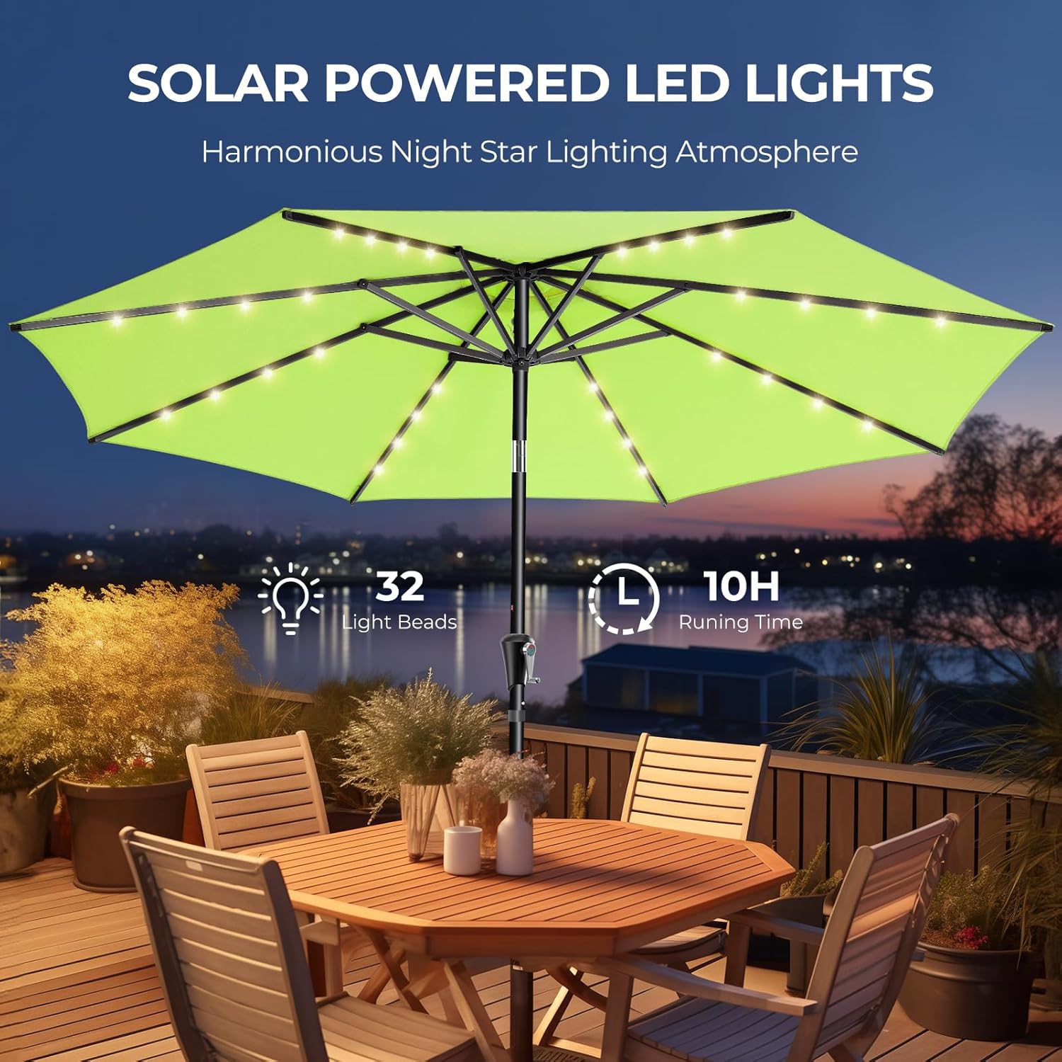 9 Feet Solar Patio Umbrella  LED Lighted Market Table Umbrella with Crank & Push Button Tilt