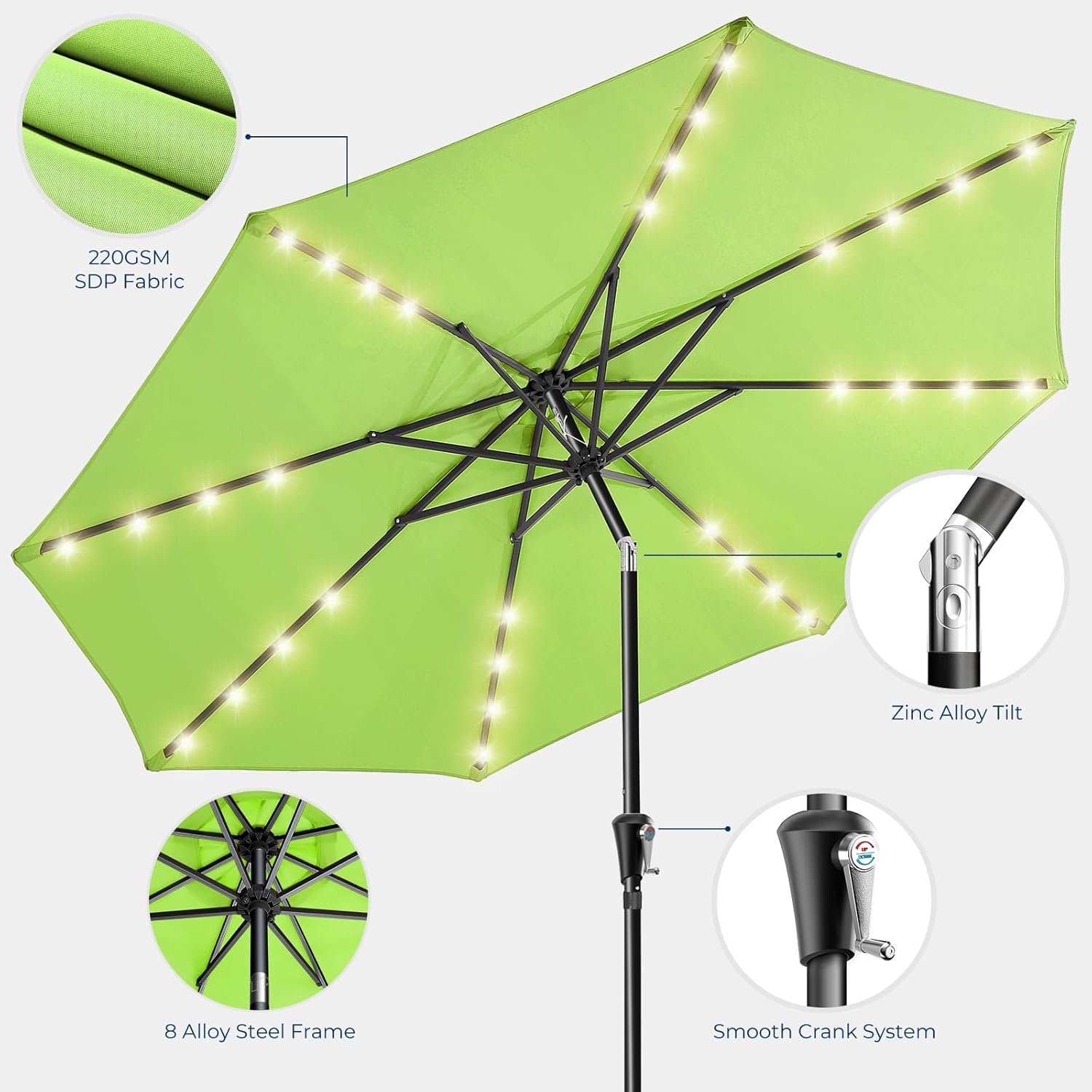9 Feet Solar Patio Umbrella  LED Lighted Market Table Umbrella with Crank & Push Button Tilt