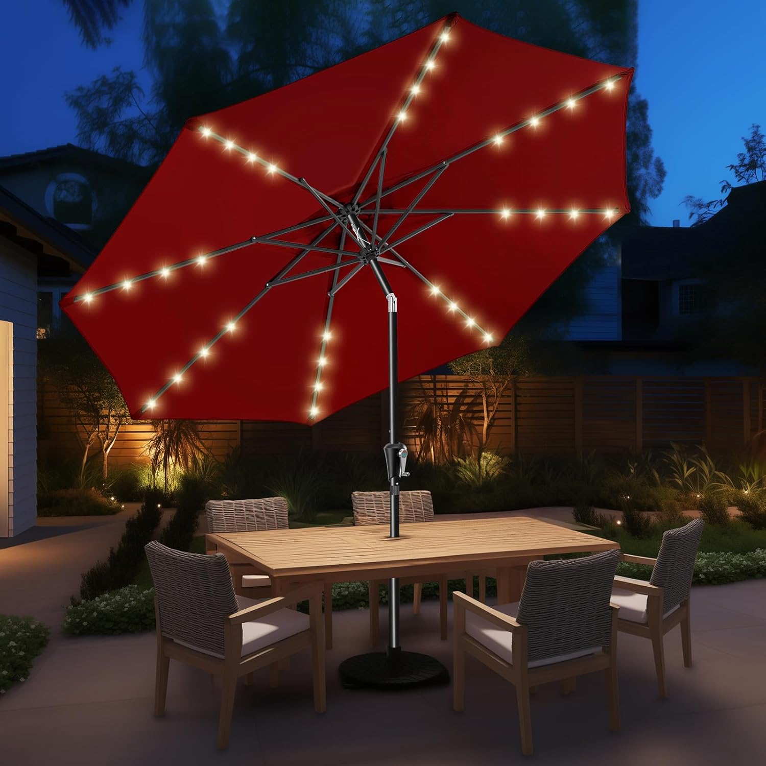 9 Feet Solar Patio Umbrella  LED Lighted Market Table Umbrella with Crank & Push Button Tilt
