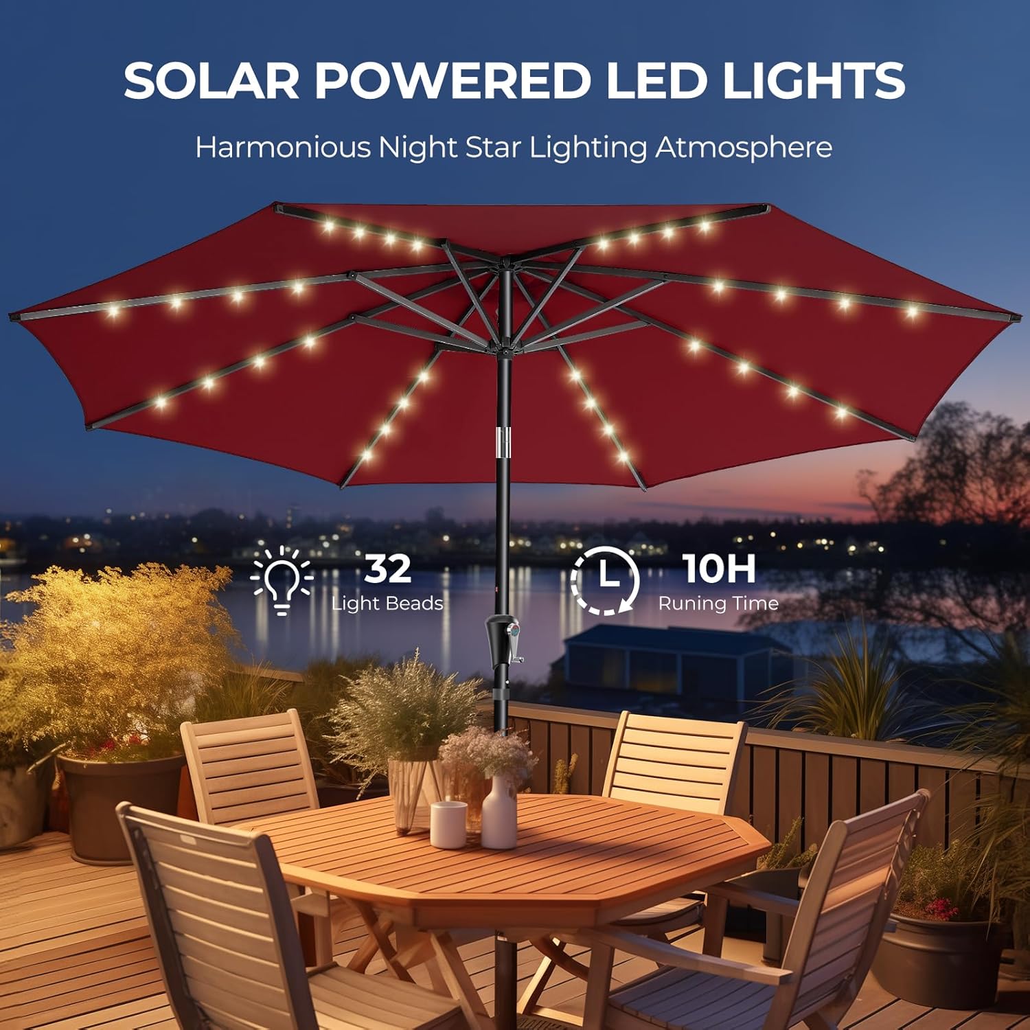 9 Feet Solar Patio Umbrella  LED Lighted Market Table Umbrella with Crank & Push Button Tilt
