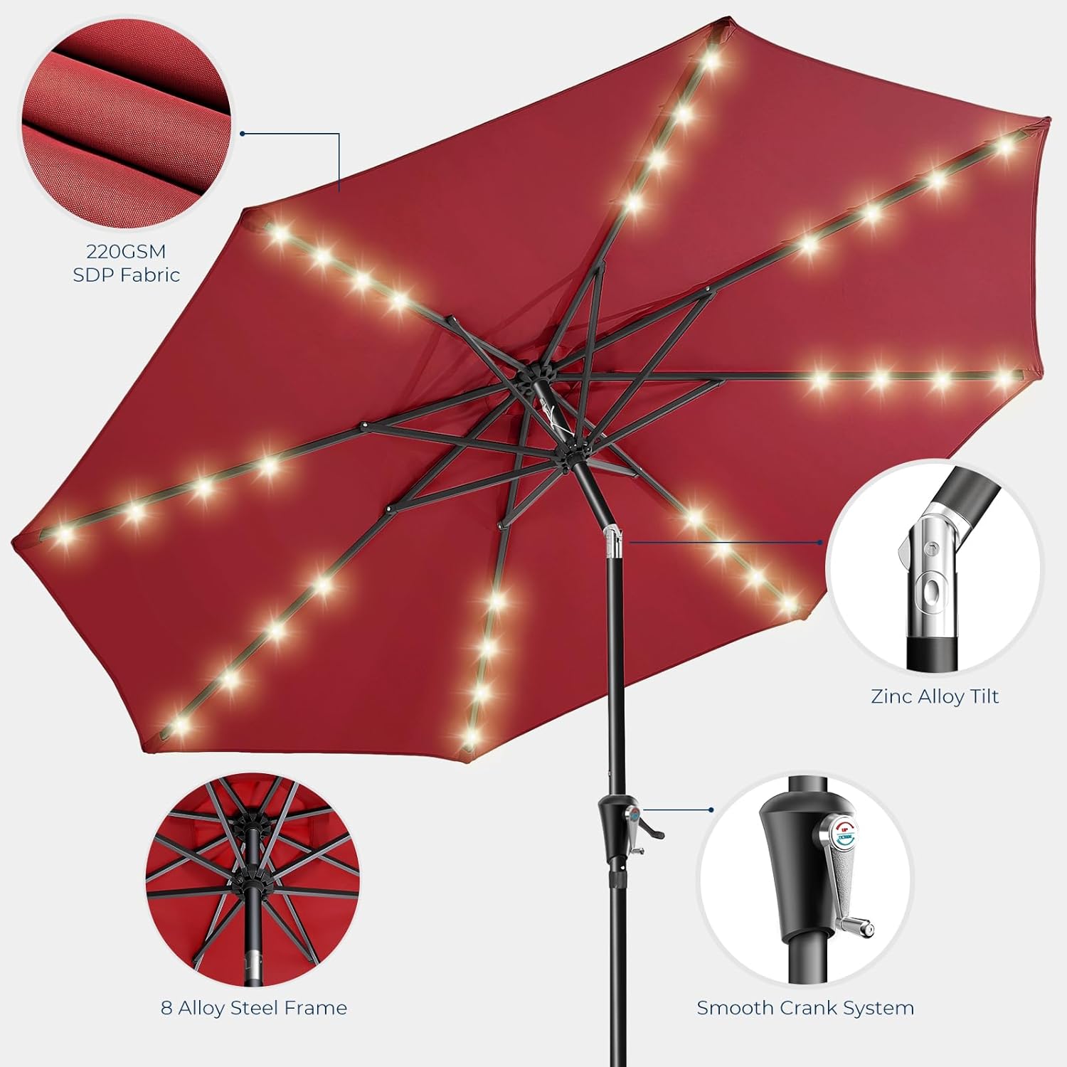 9 Feet Solar Patio Umbrella  LED Lighted Market Table Umbrella with Crank & Push Button Tilt