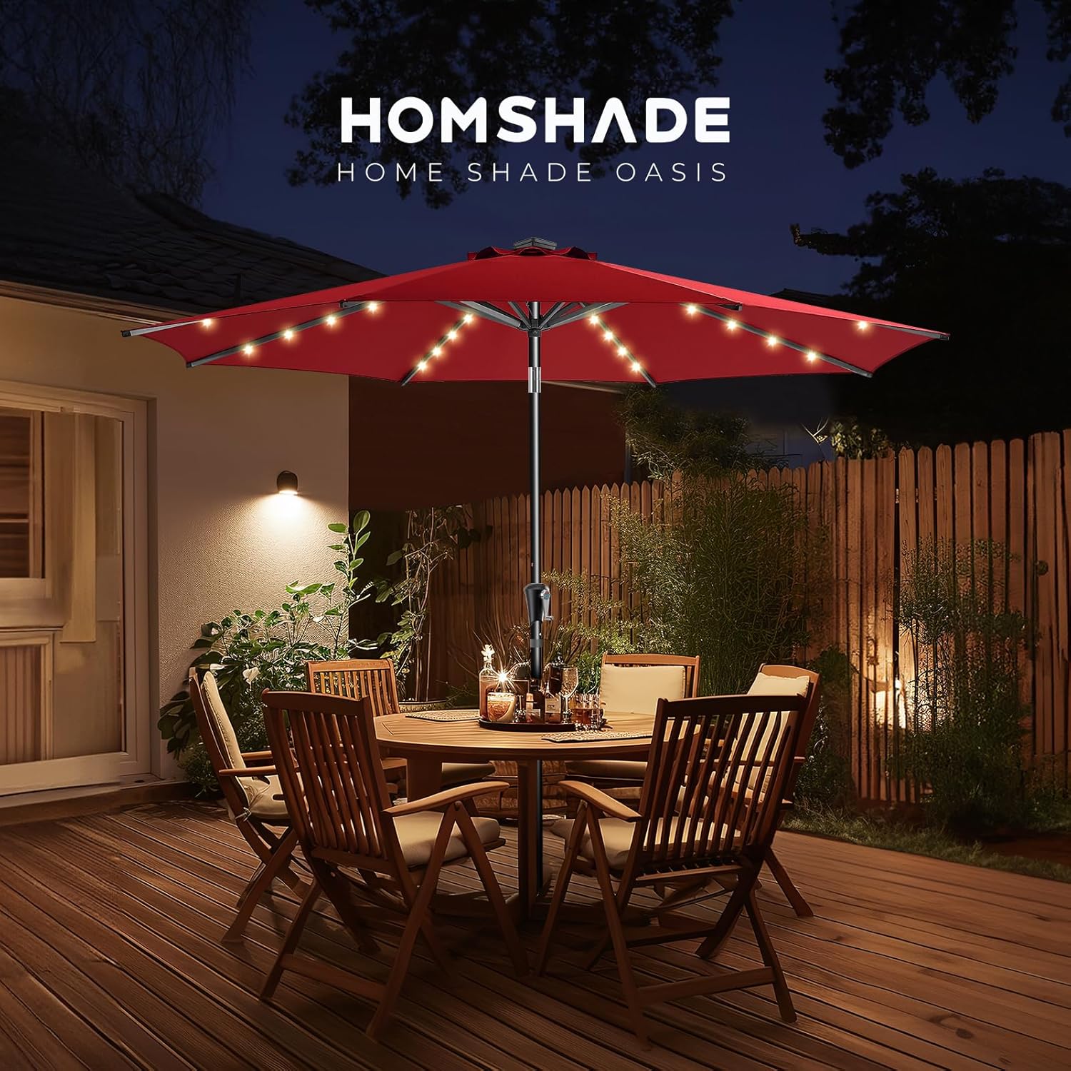 9 Feet Solar Patio Umbrella  LED Lighted Market Table Umbrella with Crank & Push Button Tilt